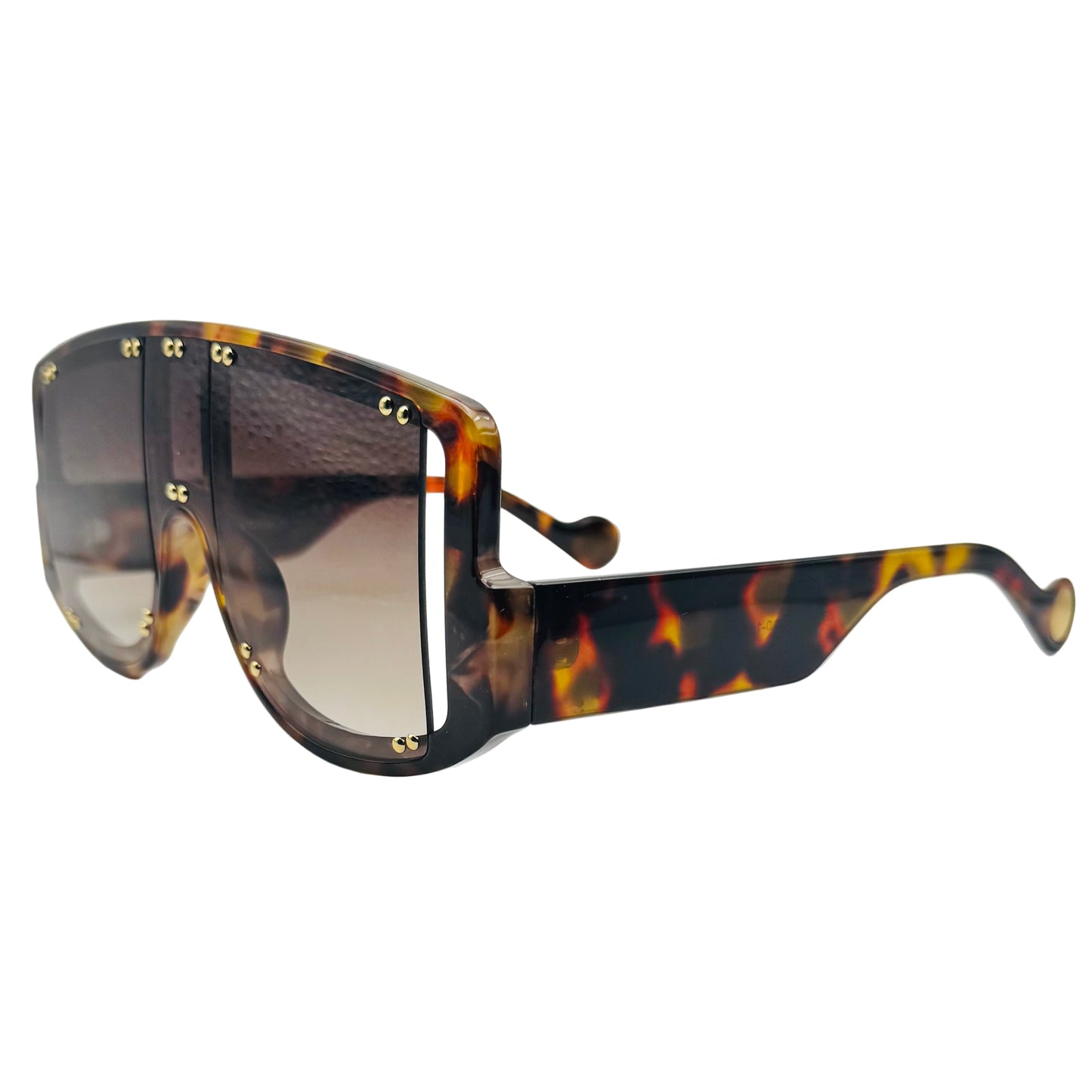 Sunglasses with tortoiseshell frame and dark lenses on a light gray background