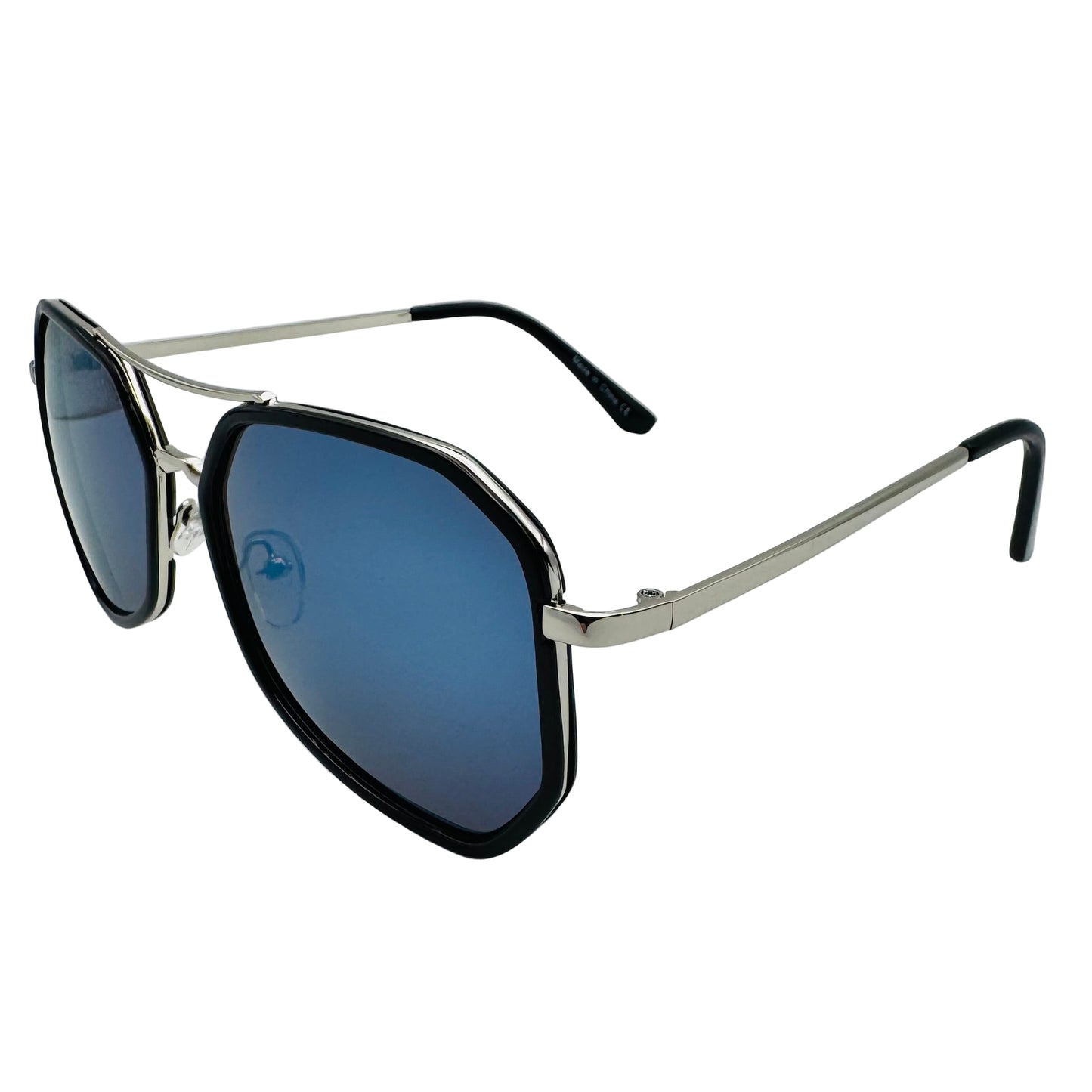 Sunglasses with black lenses and silver frames on a white background