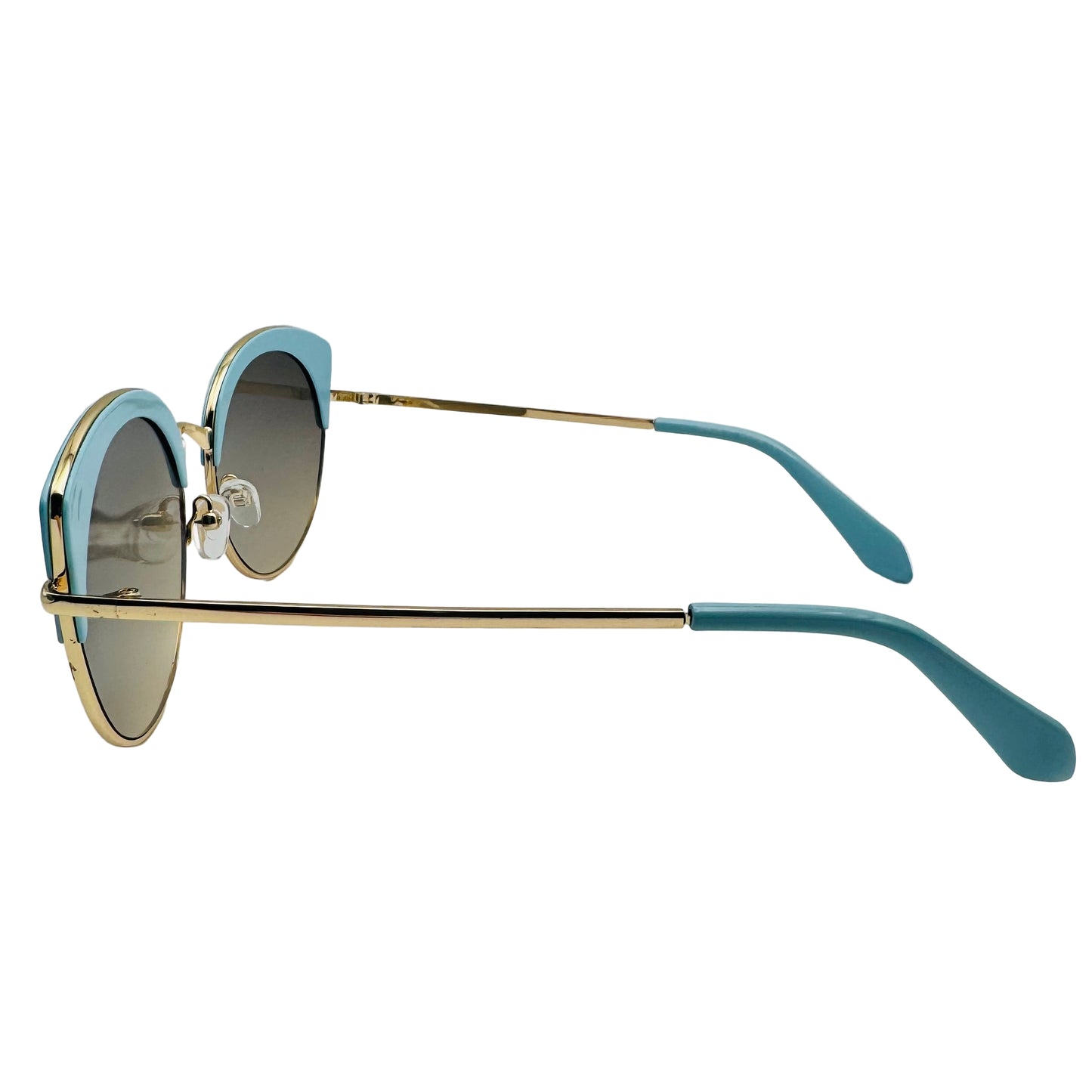 Sunglasses with gold frames and blue temples on a white background