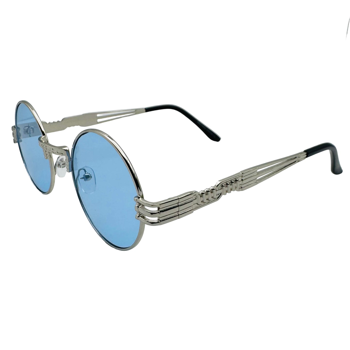 Sunglasses with blue lenses and silver frames on a light gray background