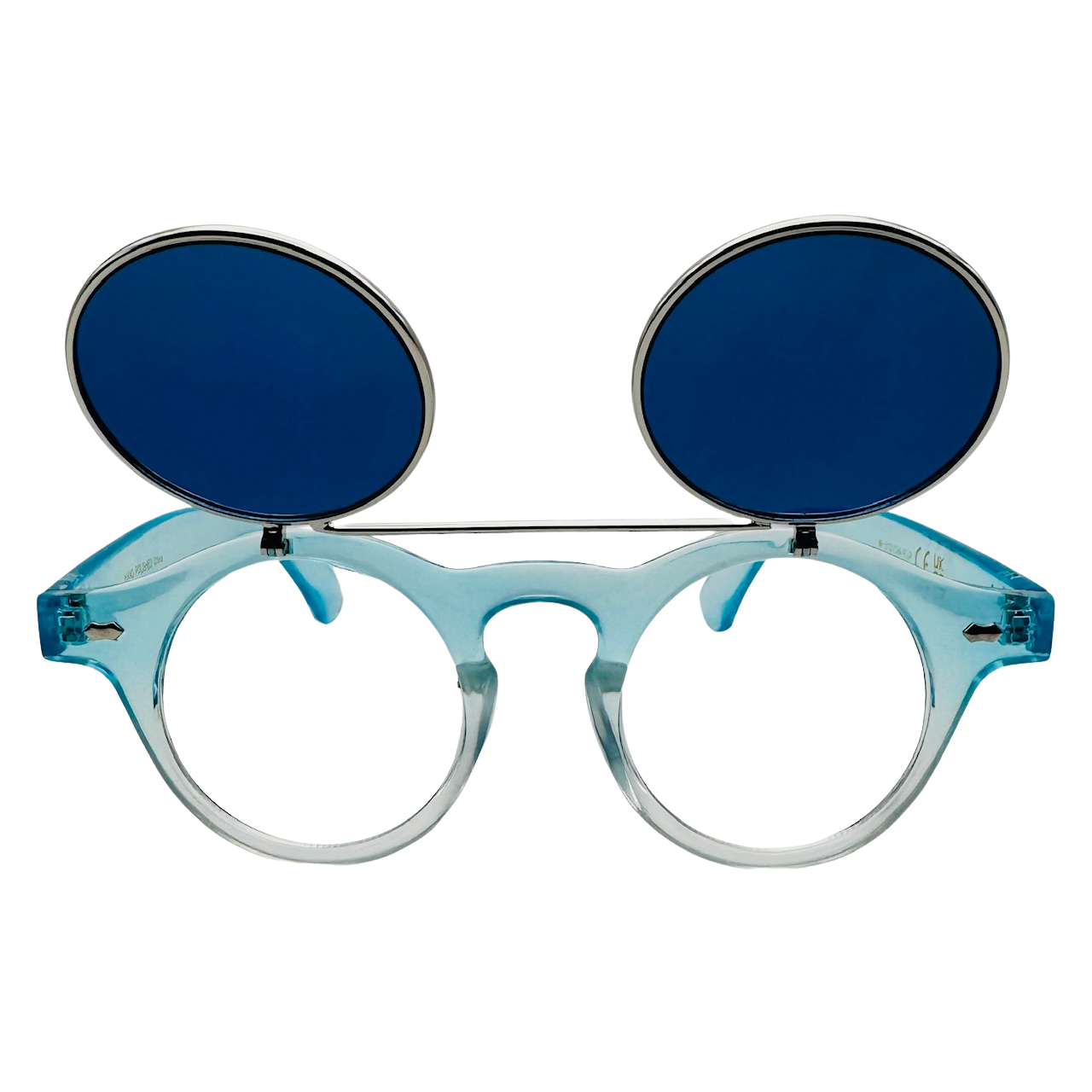 Blue eyeglasses with round blue lenses on a white background