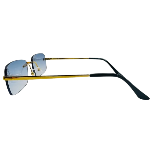 Sunglasses with gold frame and black arms on a white background