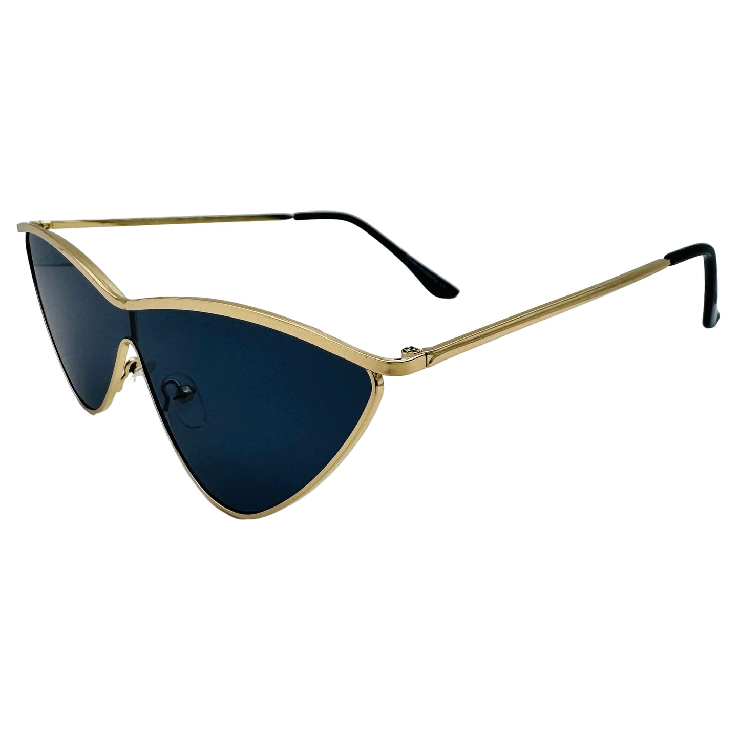 Sunglasses with gold frame and dark lenses on a white background