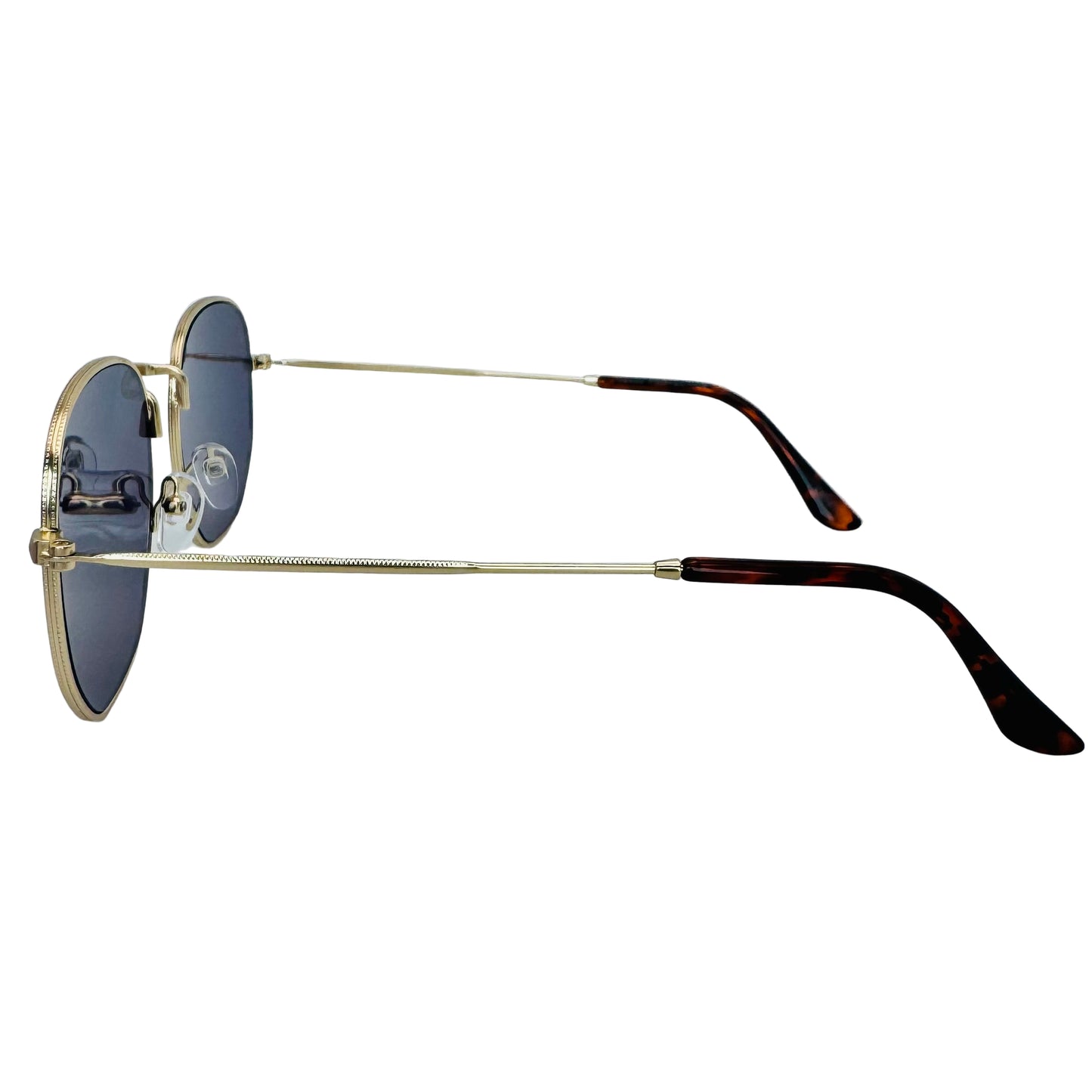 Sunglasses with gold frame and tortoiseshell arms on a light gray background