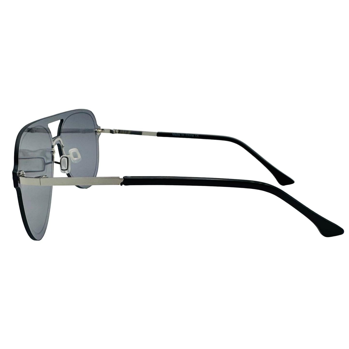 Sunglasses with black frames and clear lenses on a white background