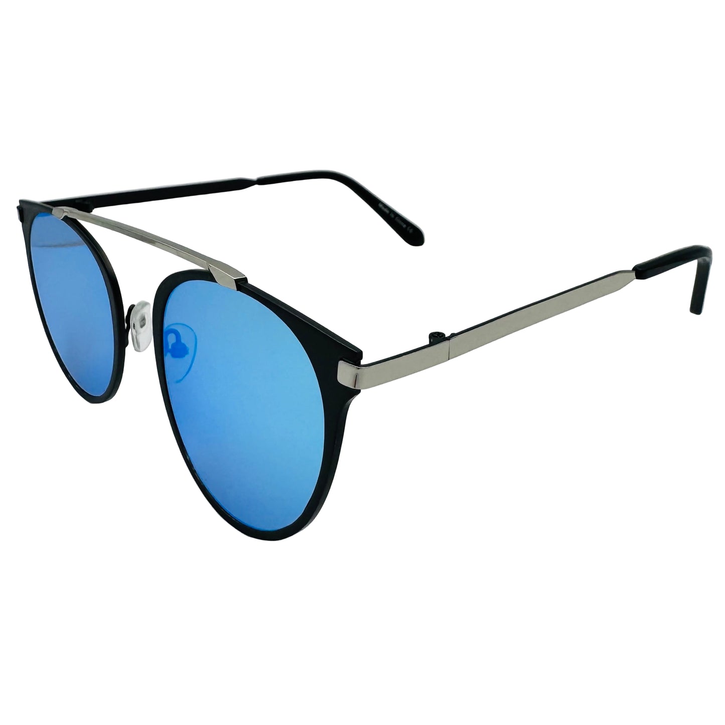 Sunglasses with blue lenses and black and silver frame on a light gray background