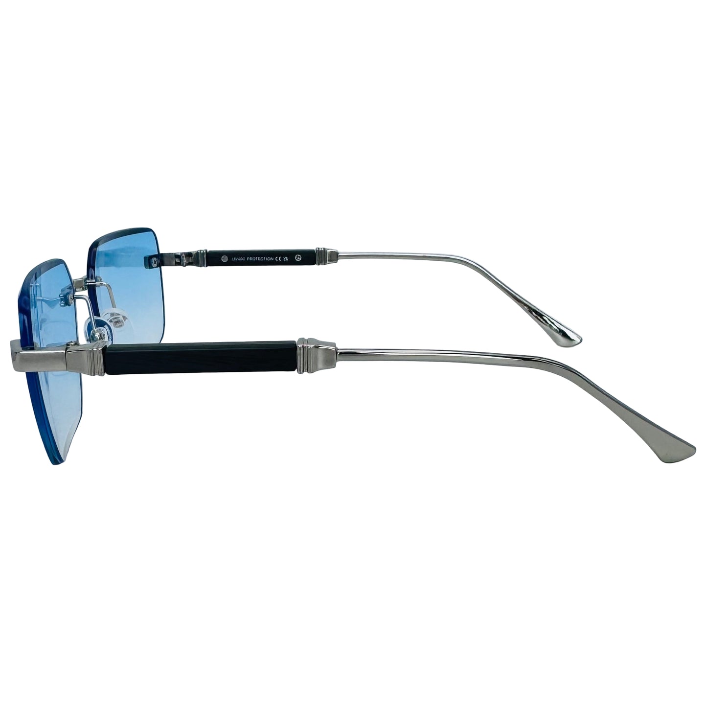 Sunglasses with blue lenses and silver frames on a light gray background