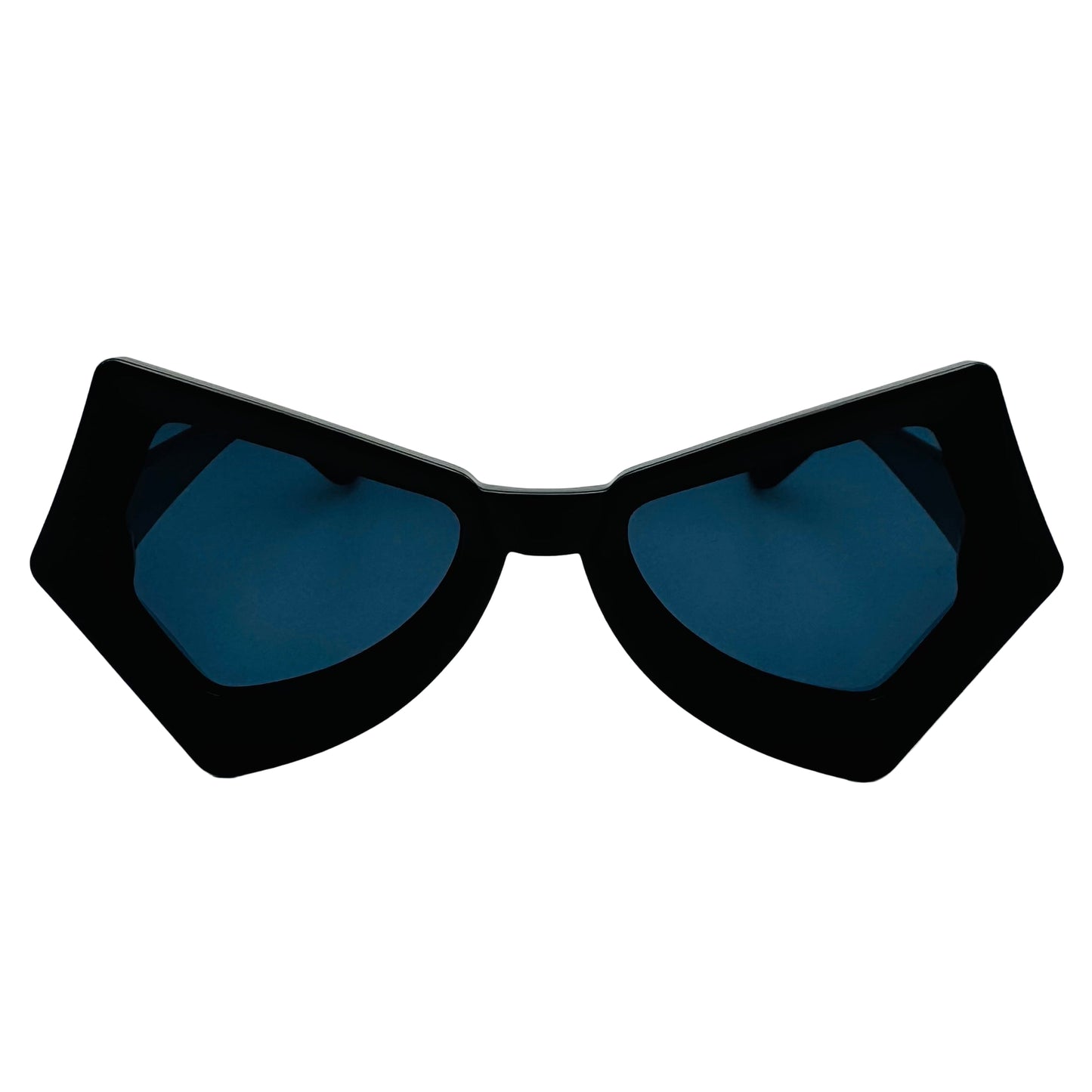 Black sunglasses with blue lenses on a white background