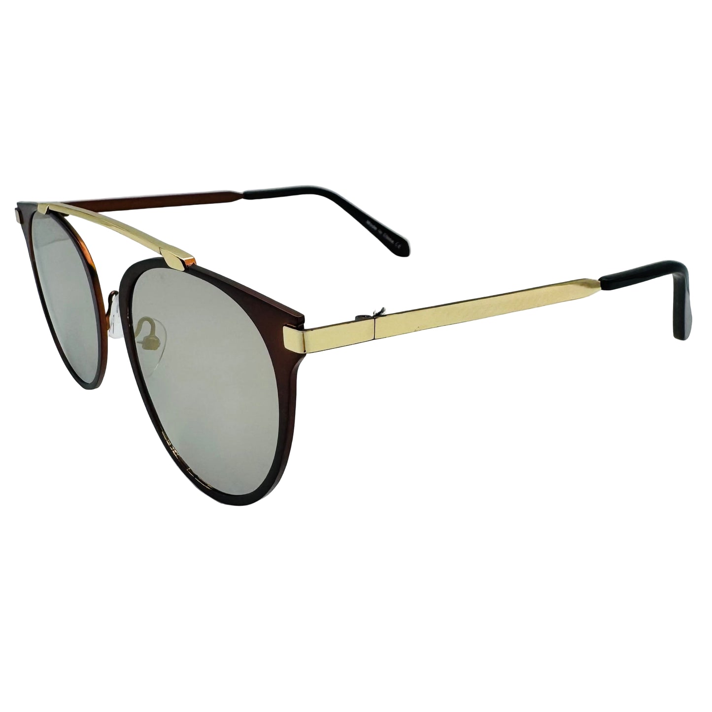 Sunglasses with gold and black frame on a light gray background