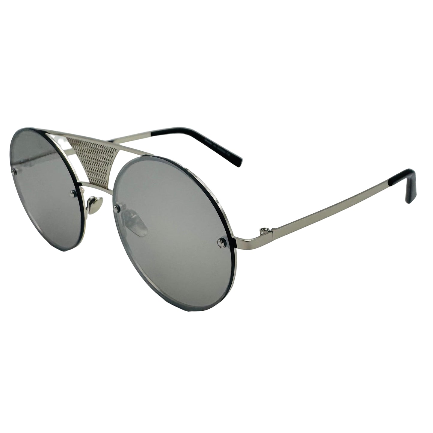 Sunglasses with metallic frame and gray lenses on a light gray background