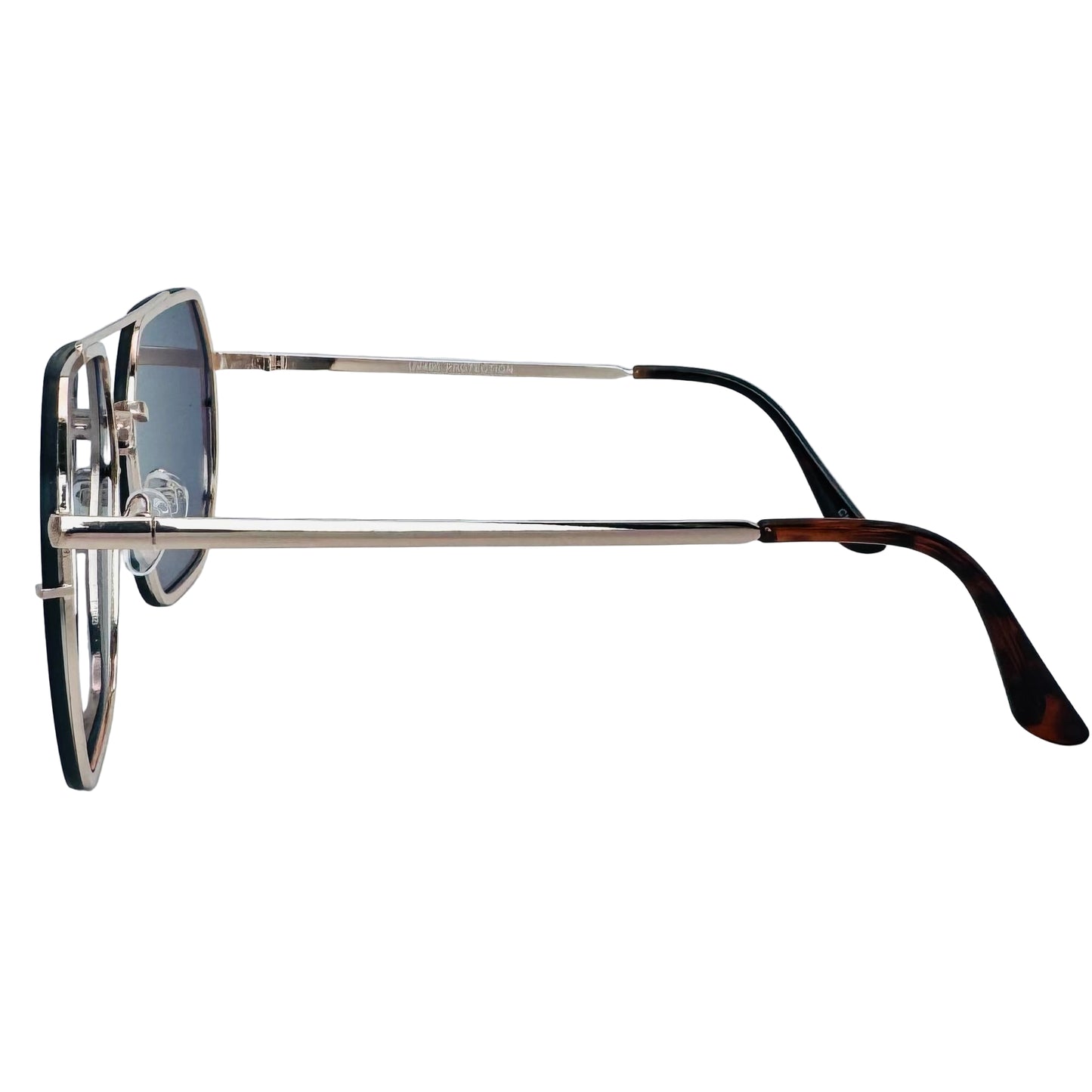 Sunglasses with a gold frame and tortoiseshell arms on a light gray background