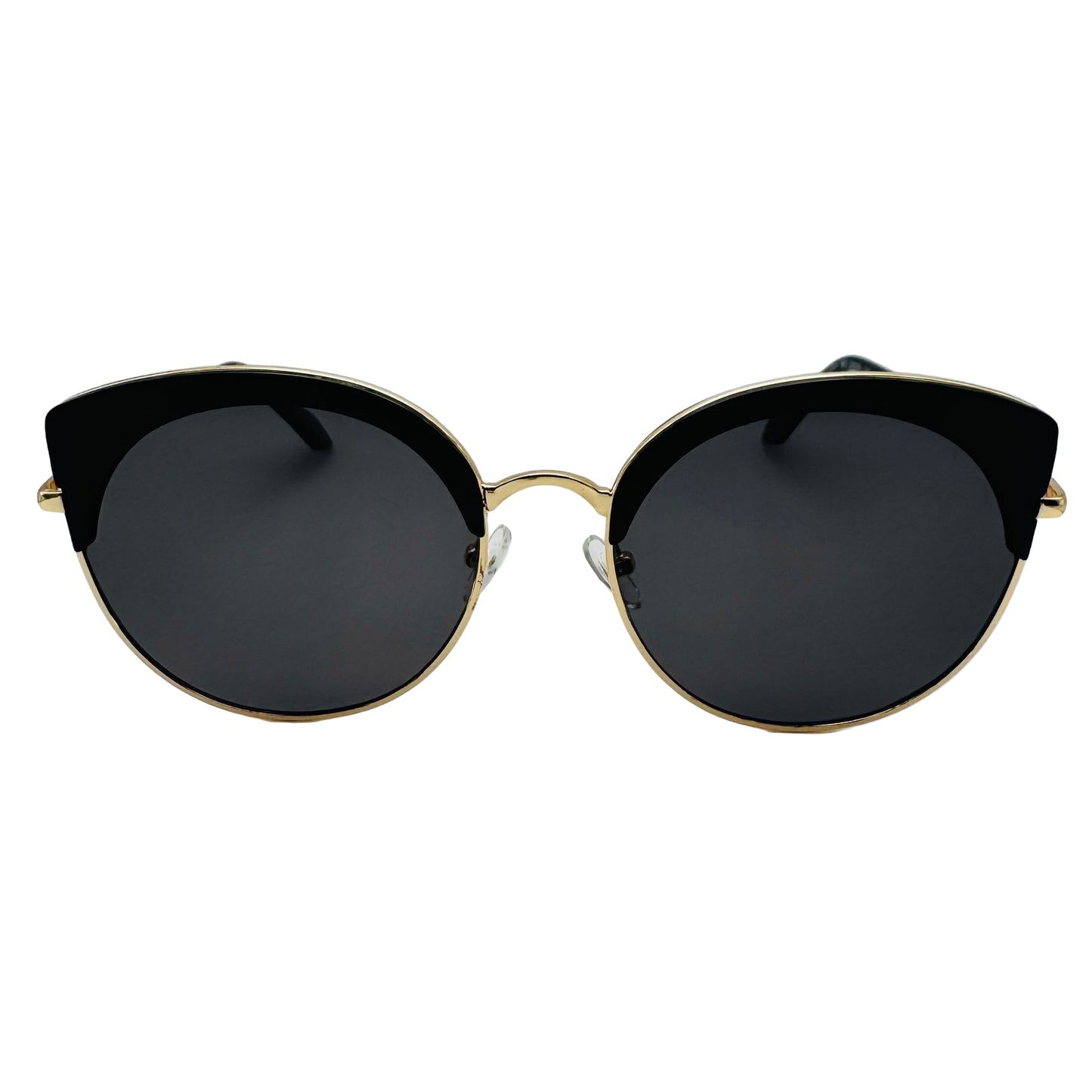 Sunglasses with black lenses and gold frames on a white background