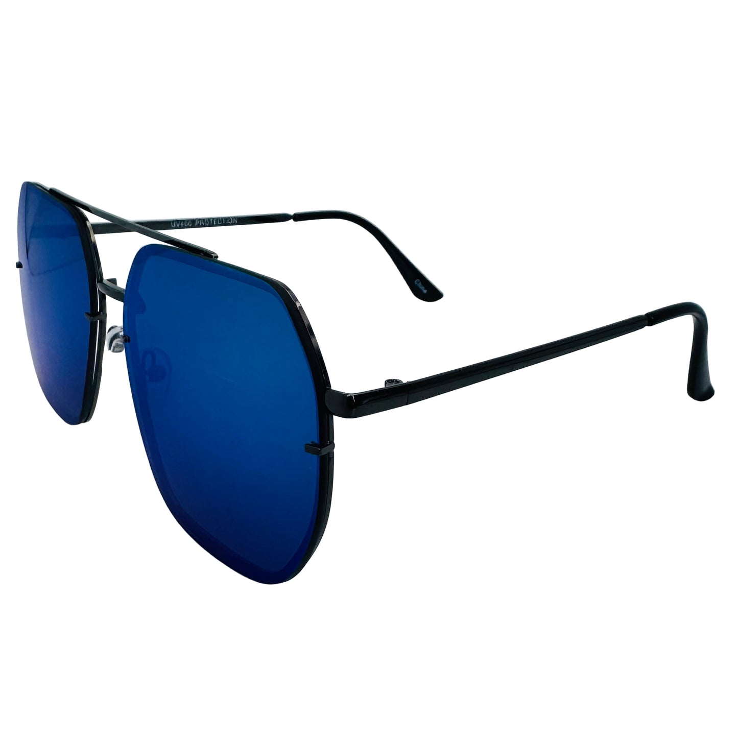 Sunglasses with blue lenses and black frames on a light gray background