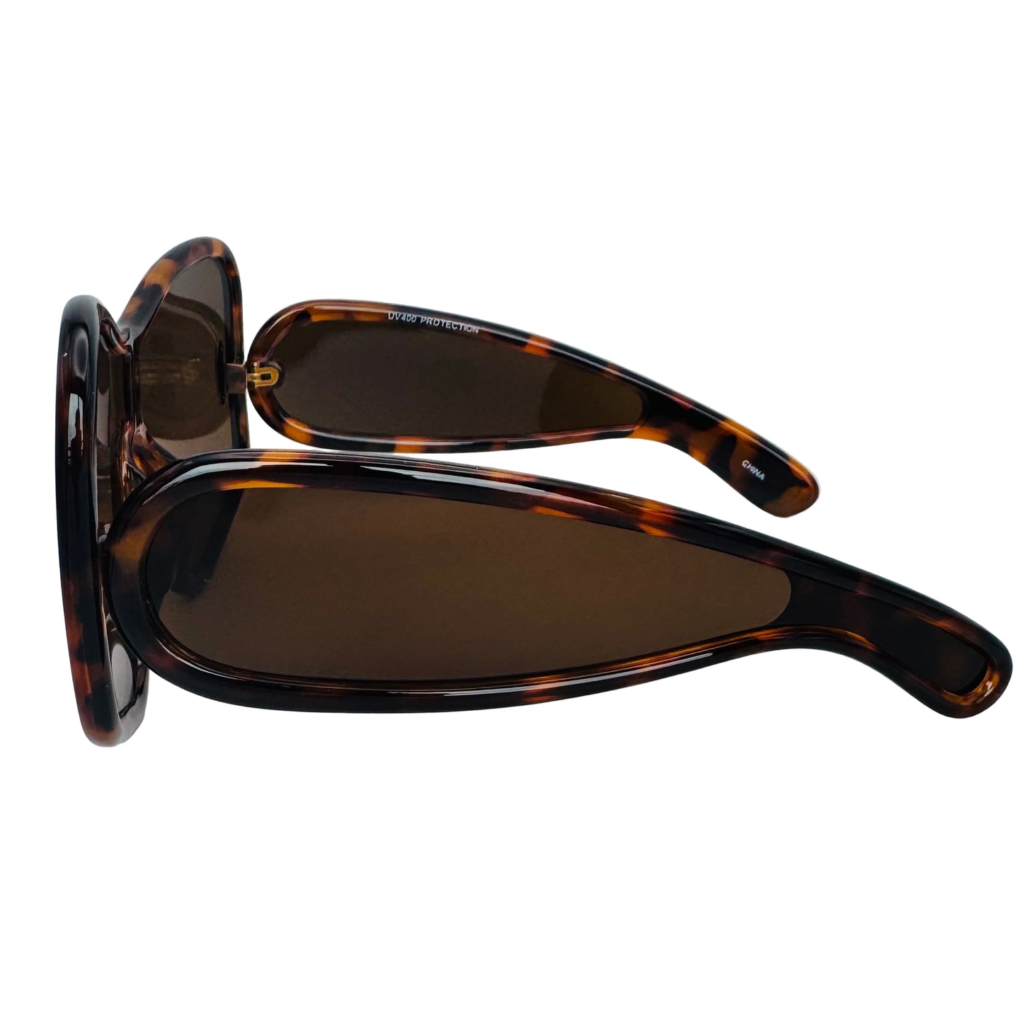 Sunglasses with tortoiseshell frame and dark lenses on a light gray background
