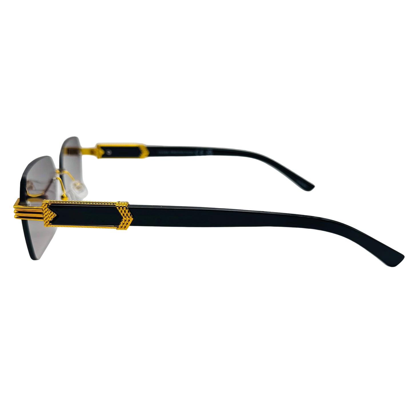 Sunglasses with black frames and gold accents on a white background