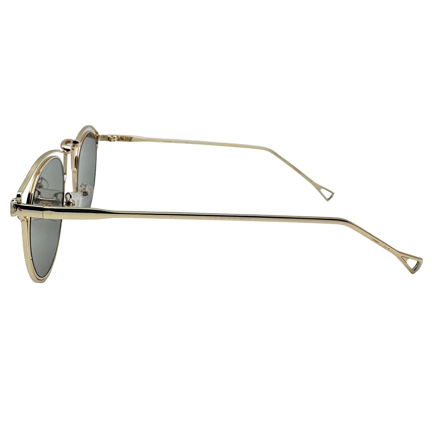 Gold-framed sunglasses on a light gray background