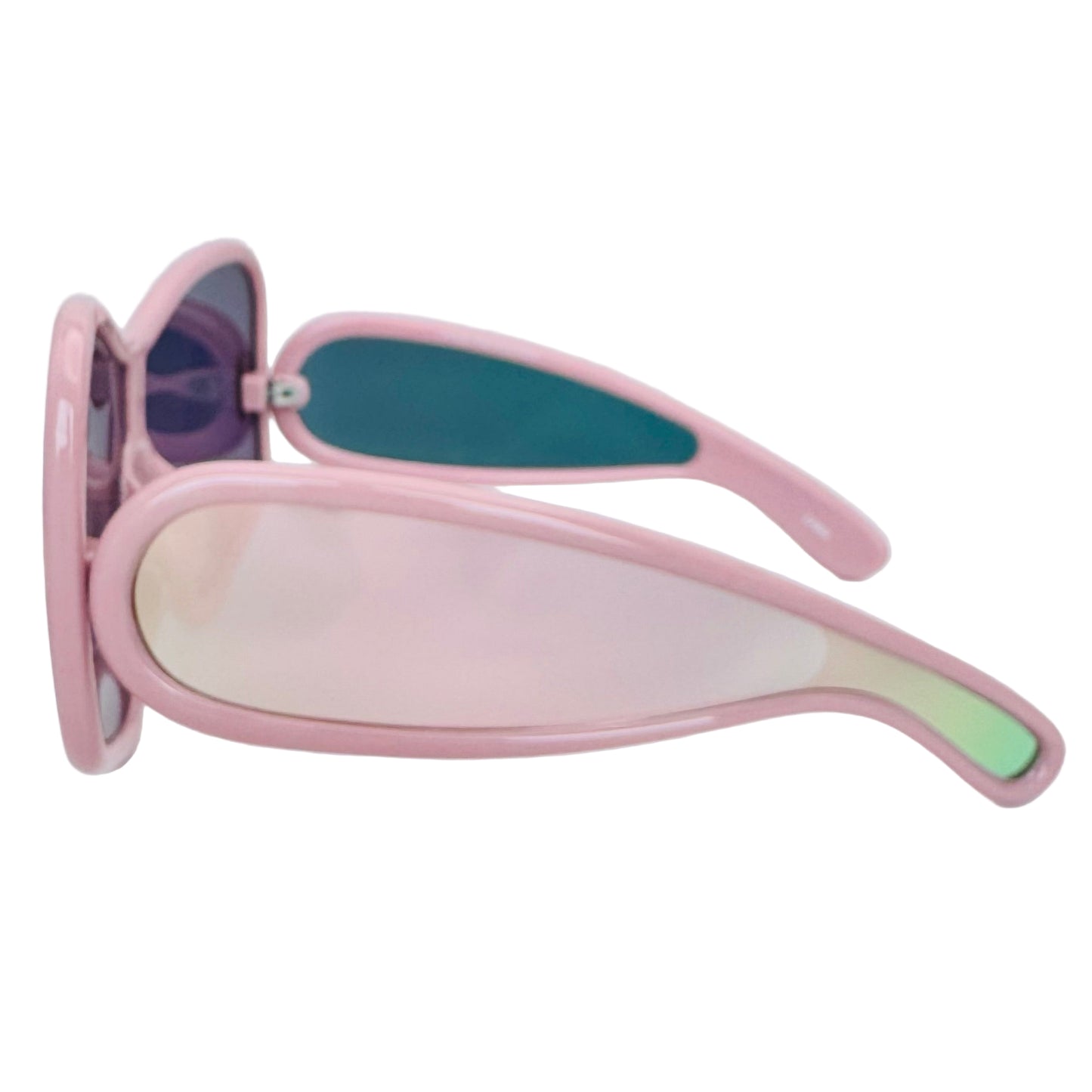 Pink sunglasses with a reflective lens held by a hand on a white background