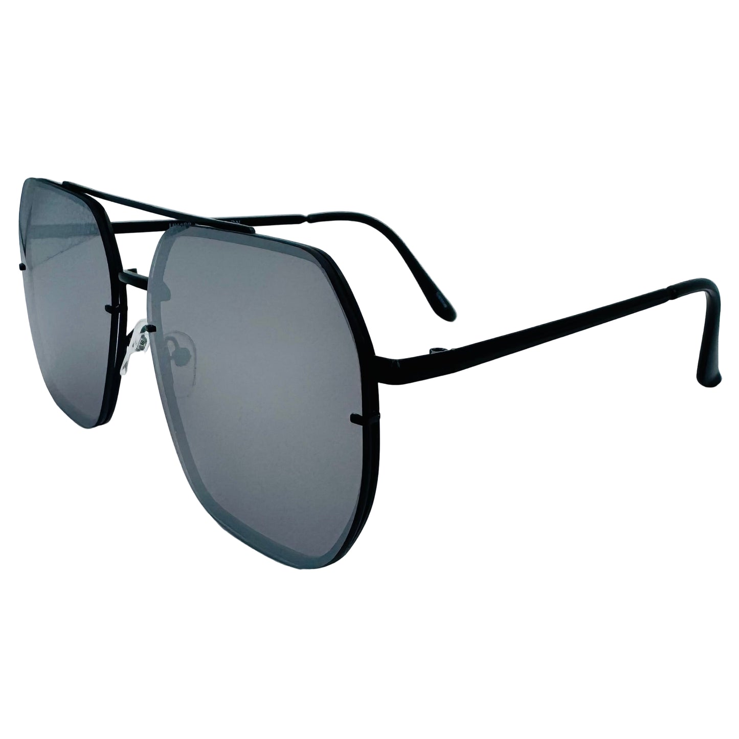 Black sunglasses with reflective lenses on a light gray background
