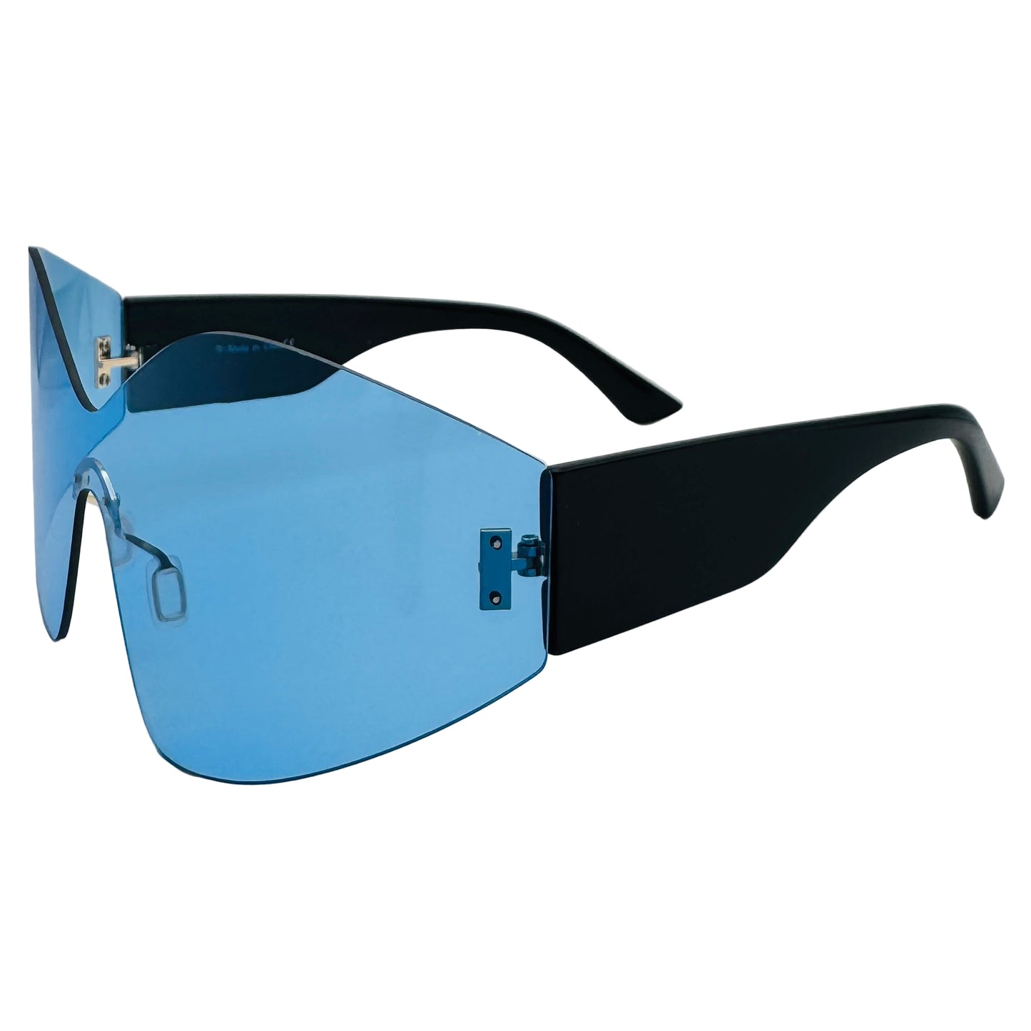 Sunglasses with blue lenses and black frames on a white background