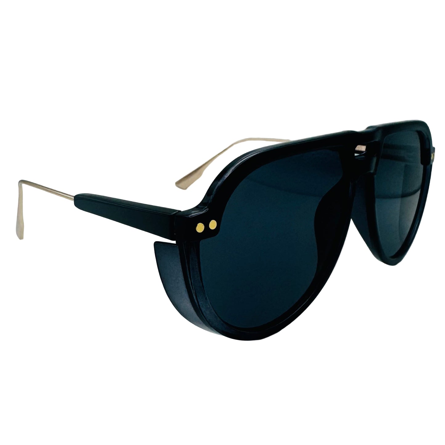 Black sunglasses with gold accents on a light gray background