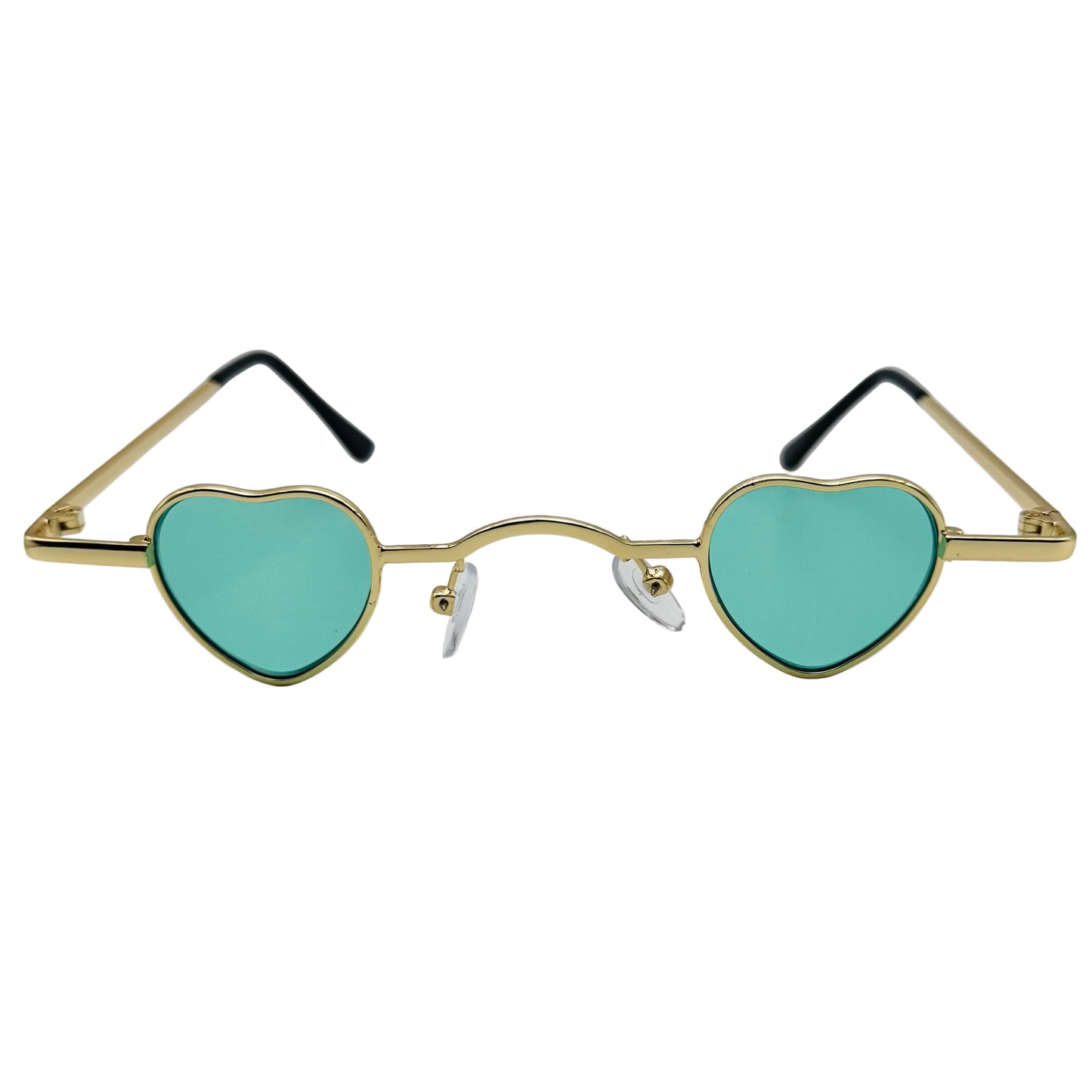 Heart-shaped sunglasses with gold frame and turquoise lenses on a light gray background