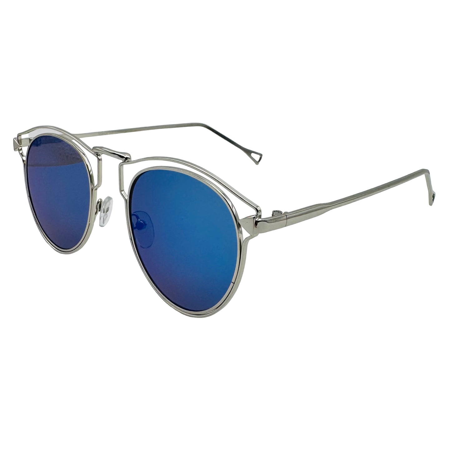 Sunglasses with blue lenses and silver frame on a white background