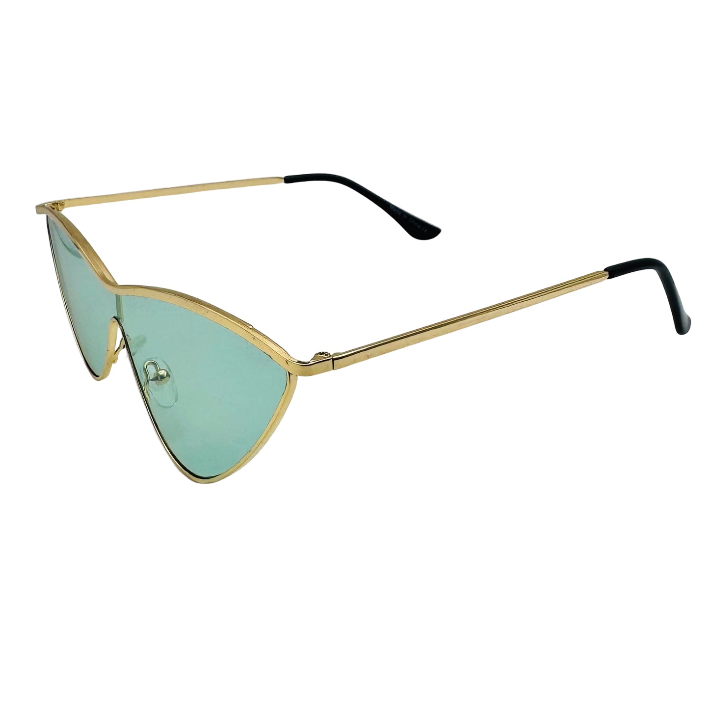 Sunglasses with gold frame and green lenses on a white background