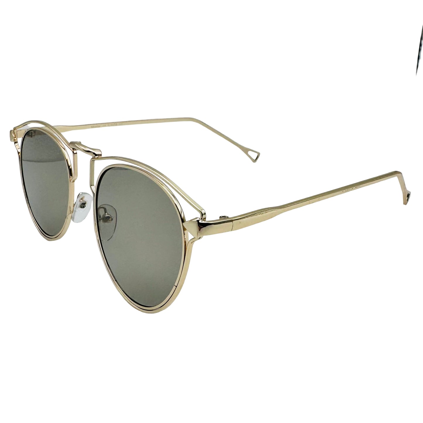 Gold-framed sunglasses with dark lenses on a light gray background