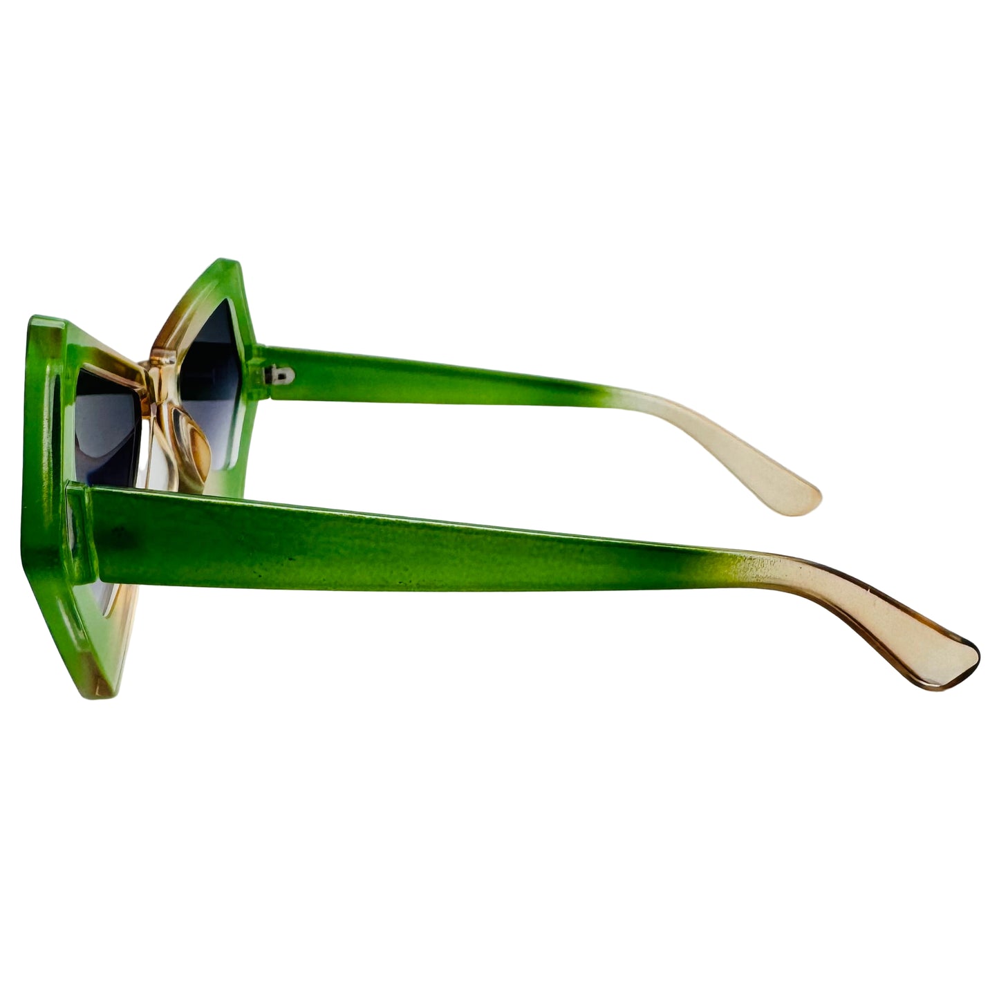 Sunglasses with green and beige gradient frame on a white background