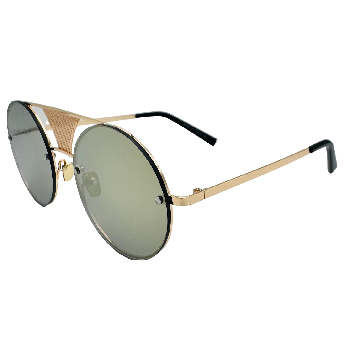 Sunglasses with gold frame and reflective lenses on a light gray background