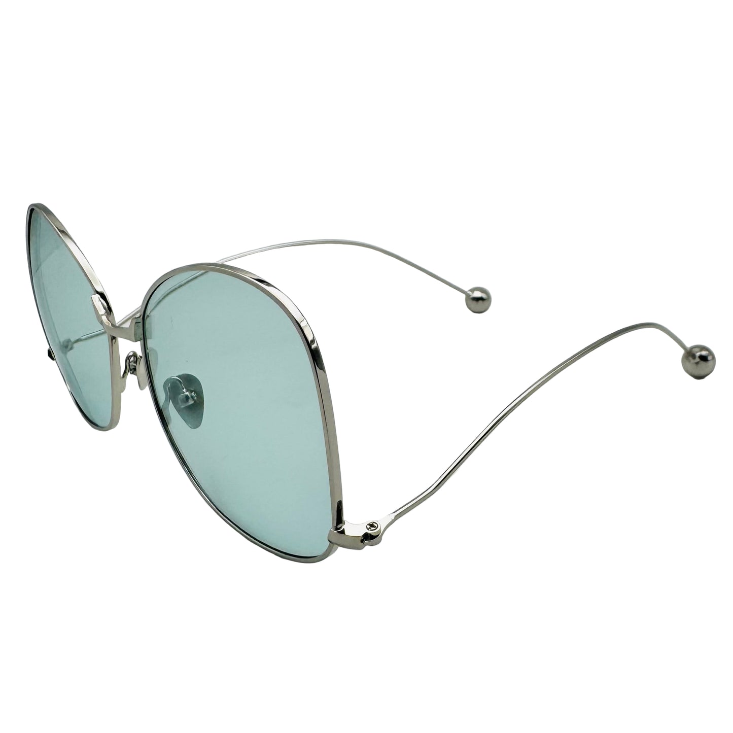 Silver sunglasses with light blue lenses on a white background
