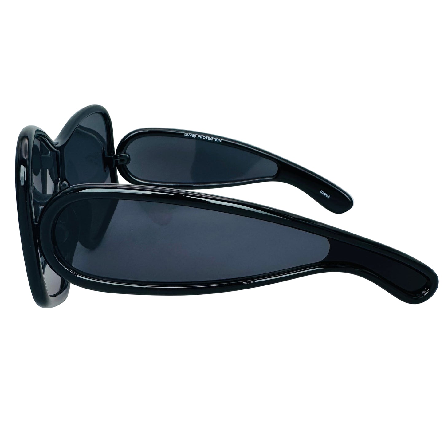 Black sunglasses with a reflective surface on a white background