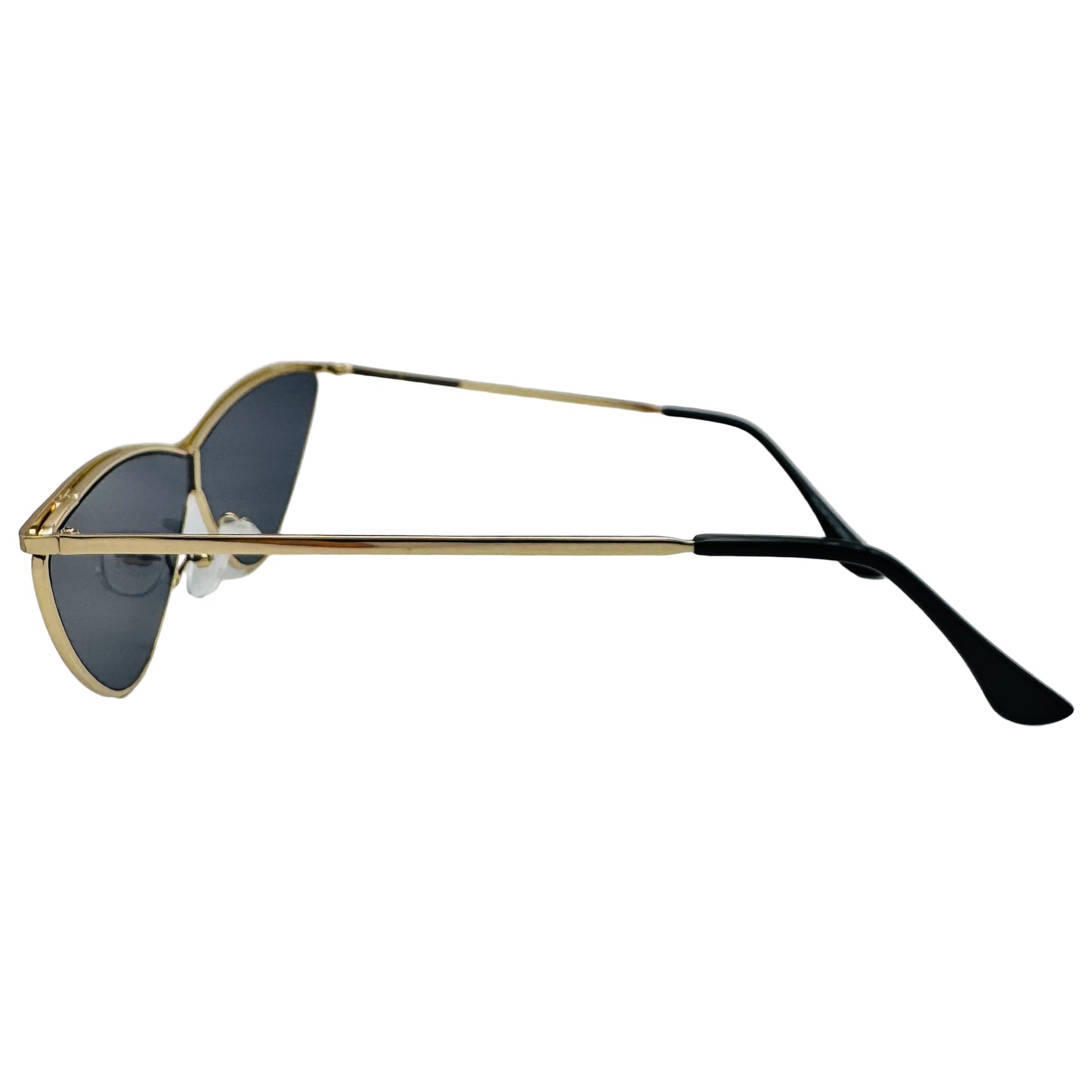 Sunglasses with gold frame and black arms on a white background