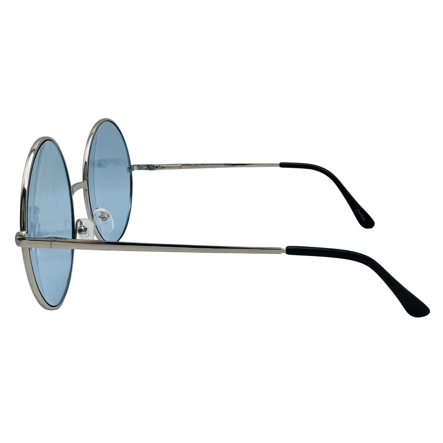 Sunglasses with black frames and blue lenses on a light gray background