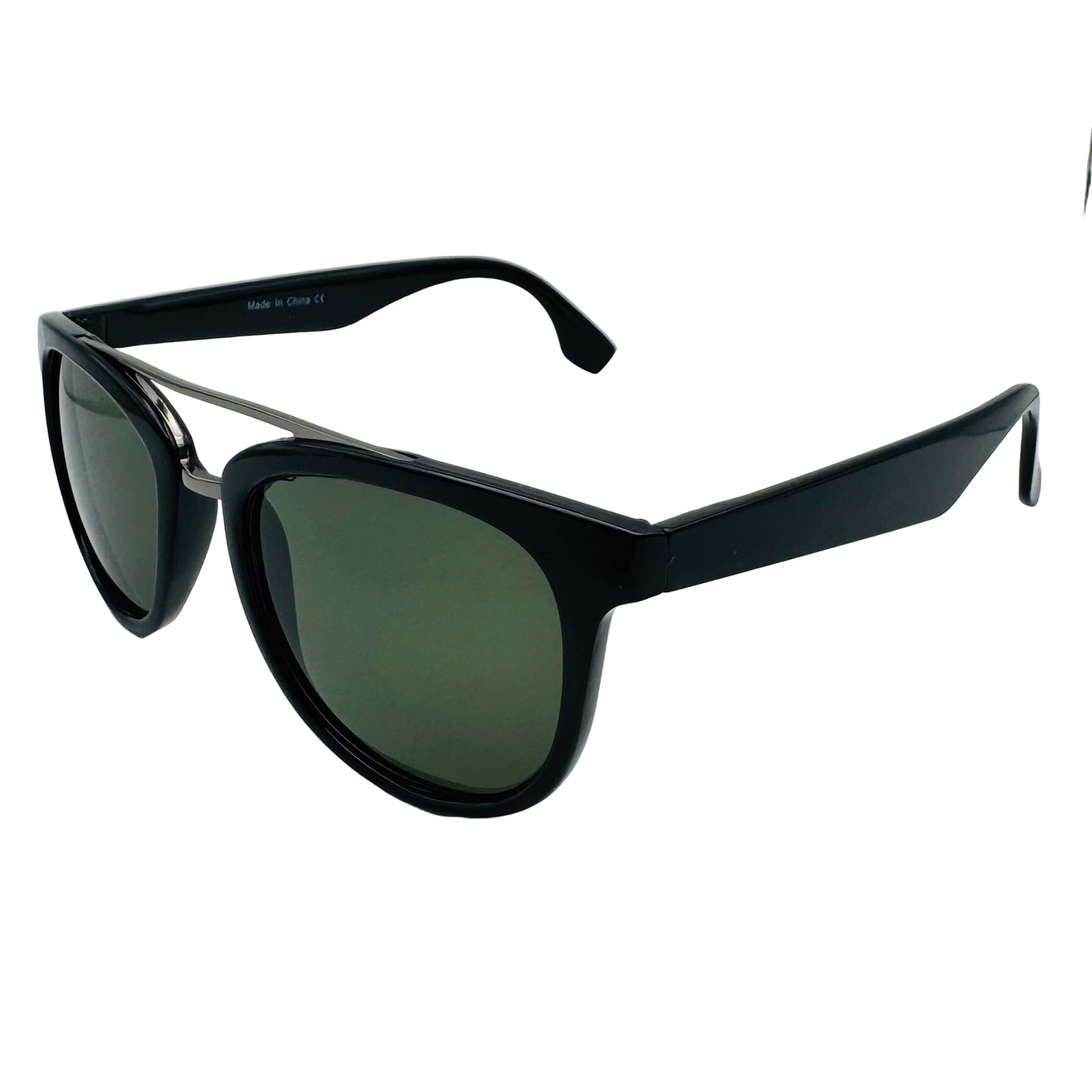 Black sunglasses with green lenses on a light gray background
