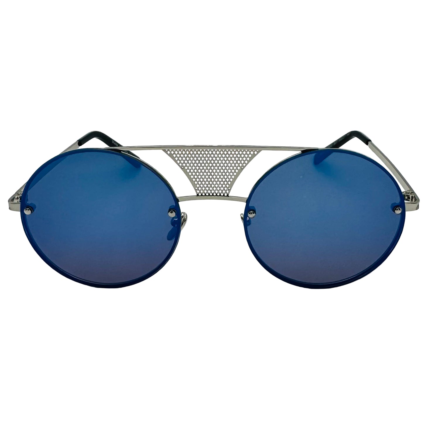 Sunglasses with blue lenses and metallic frame on a light gray background