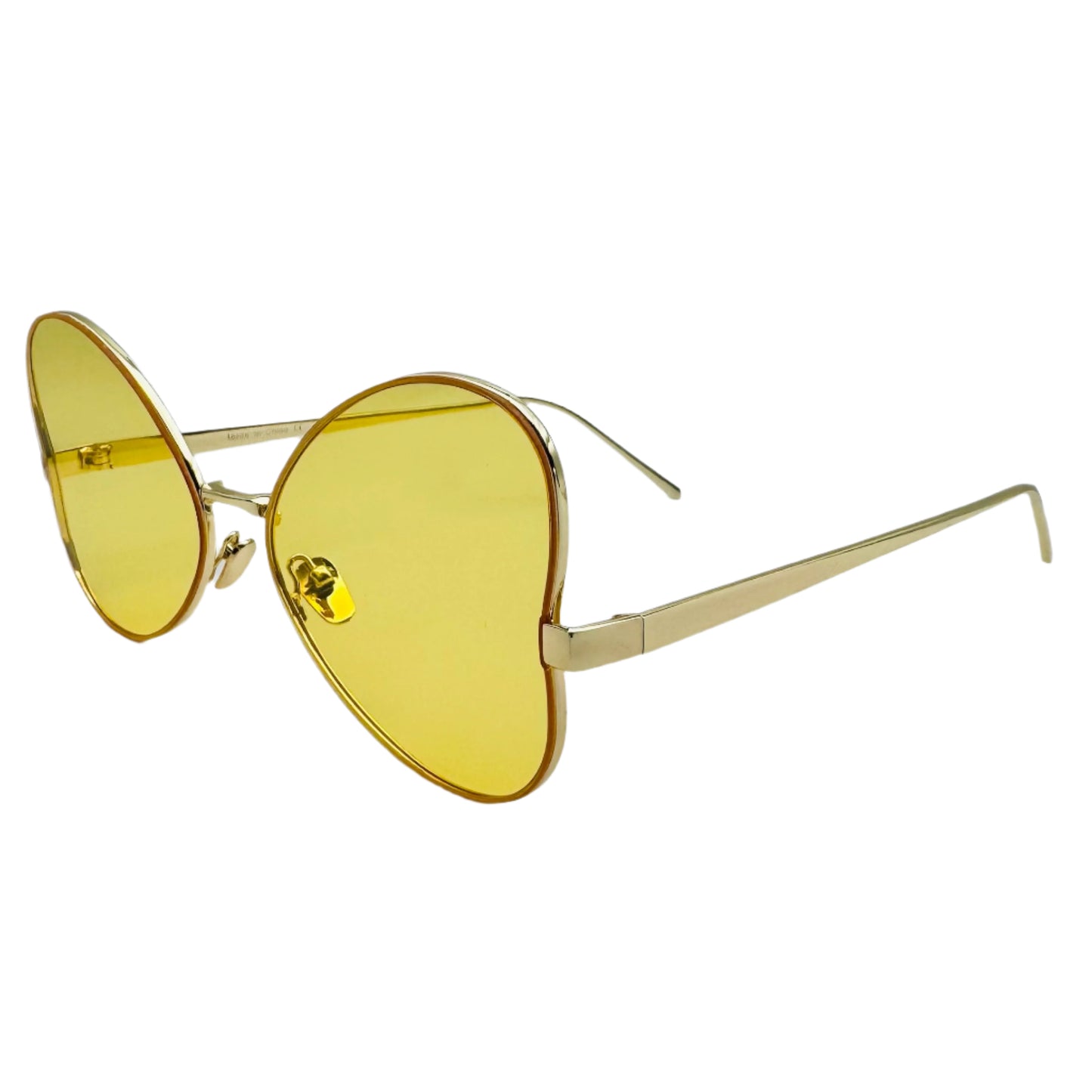 Gold-framed sunglasses with yellow lenses on a white background