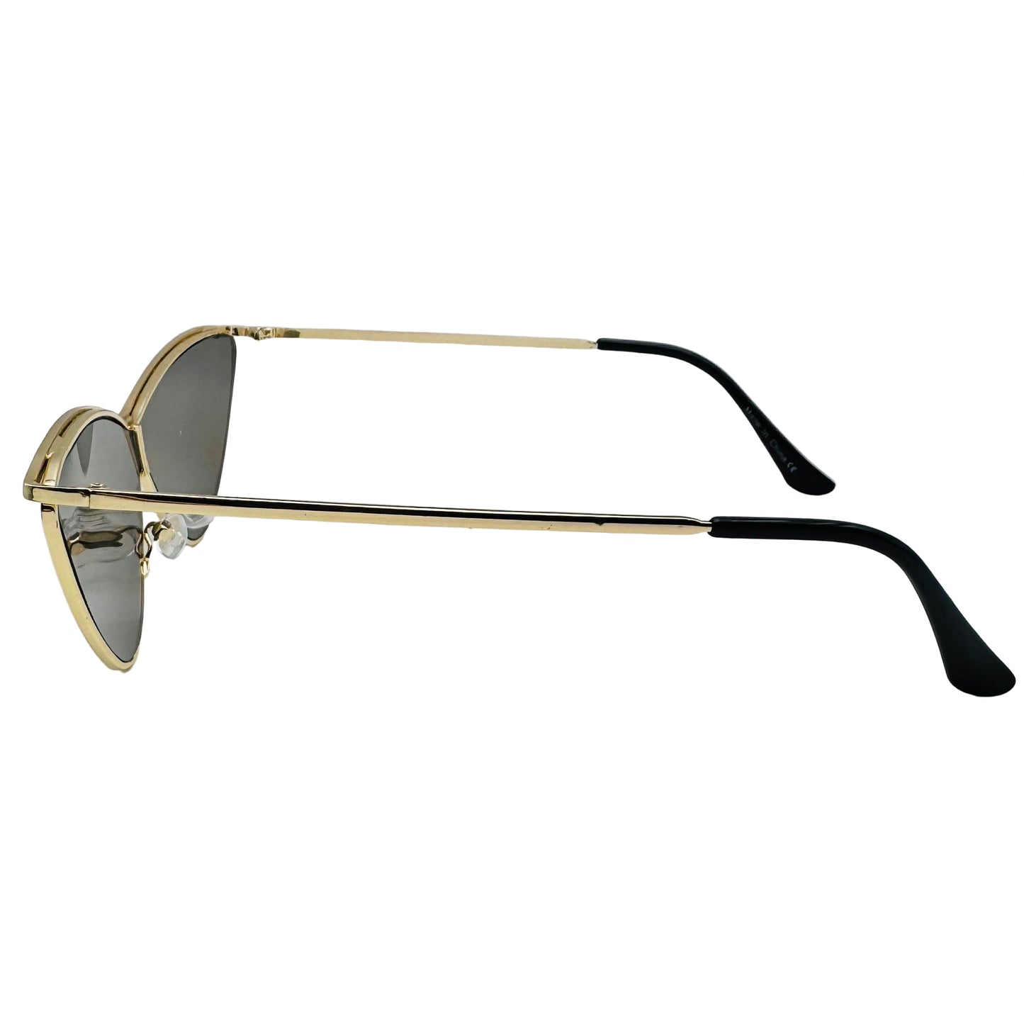 Sunglasses with gold frame and black arms on a white background