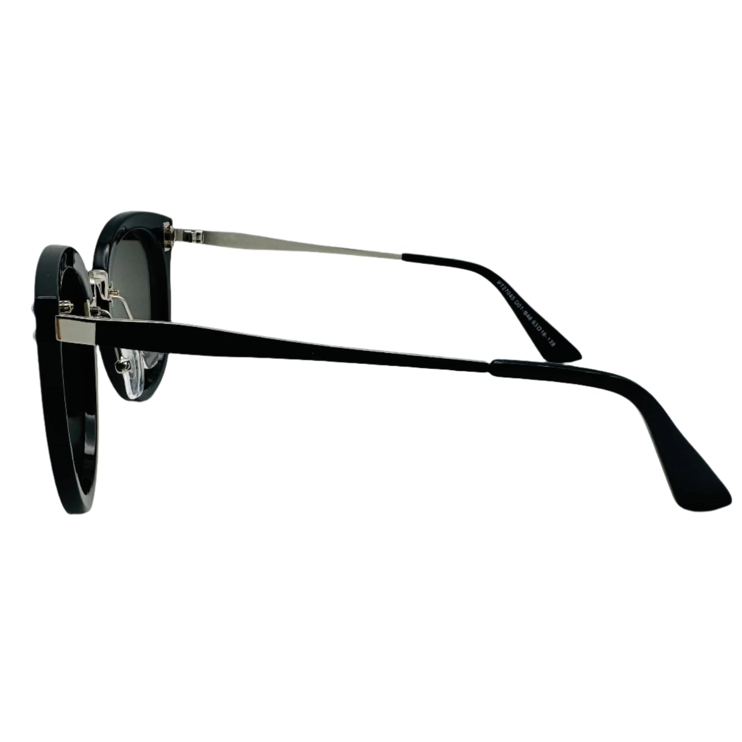 Black sunglasses with silver accents on a light gray background