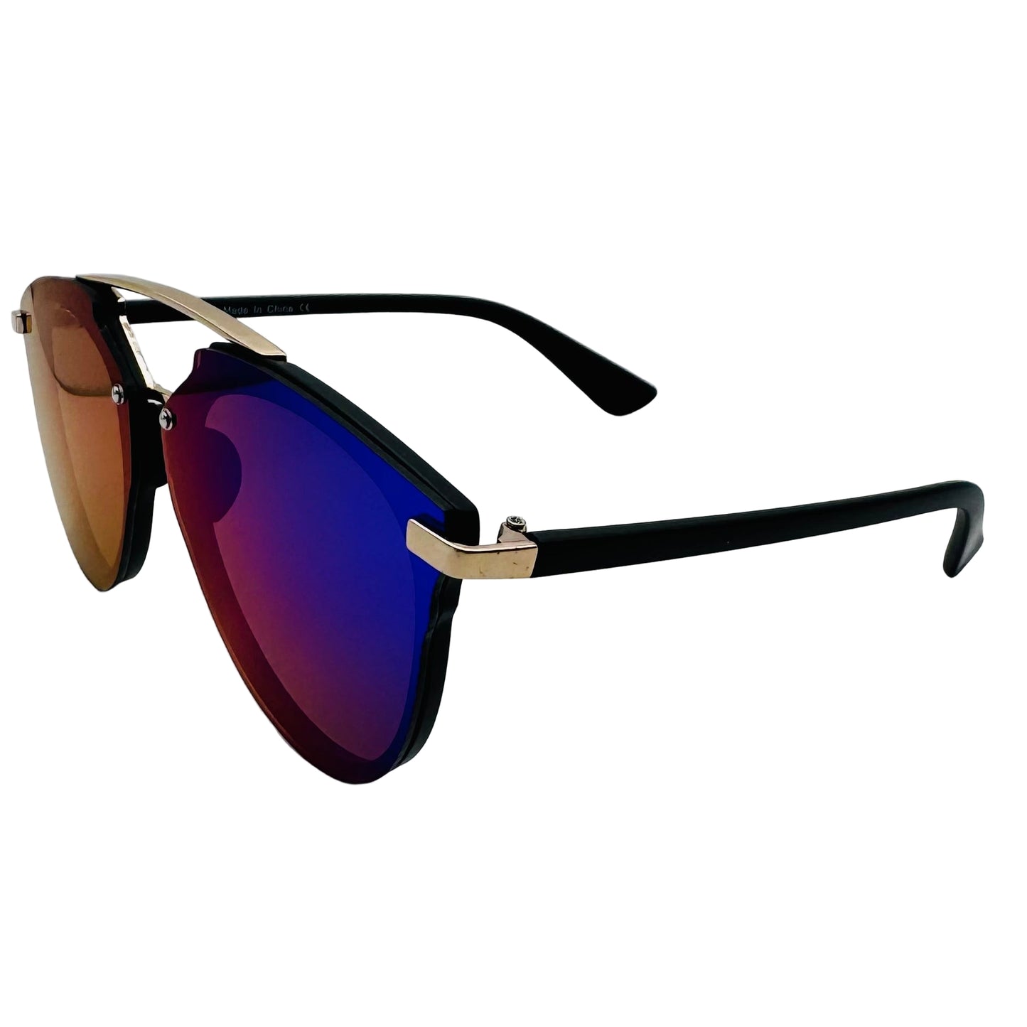 Sunglasses with black frame and blue mirrored lenses on a white background