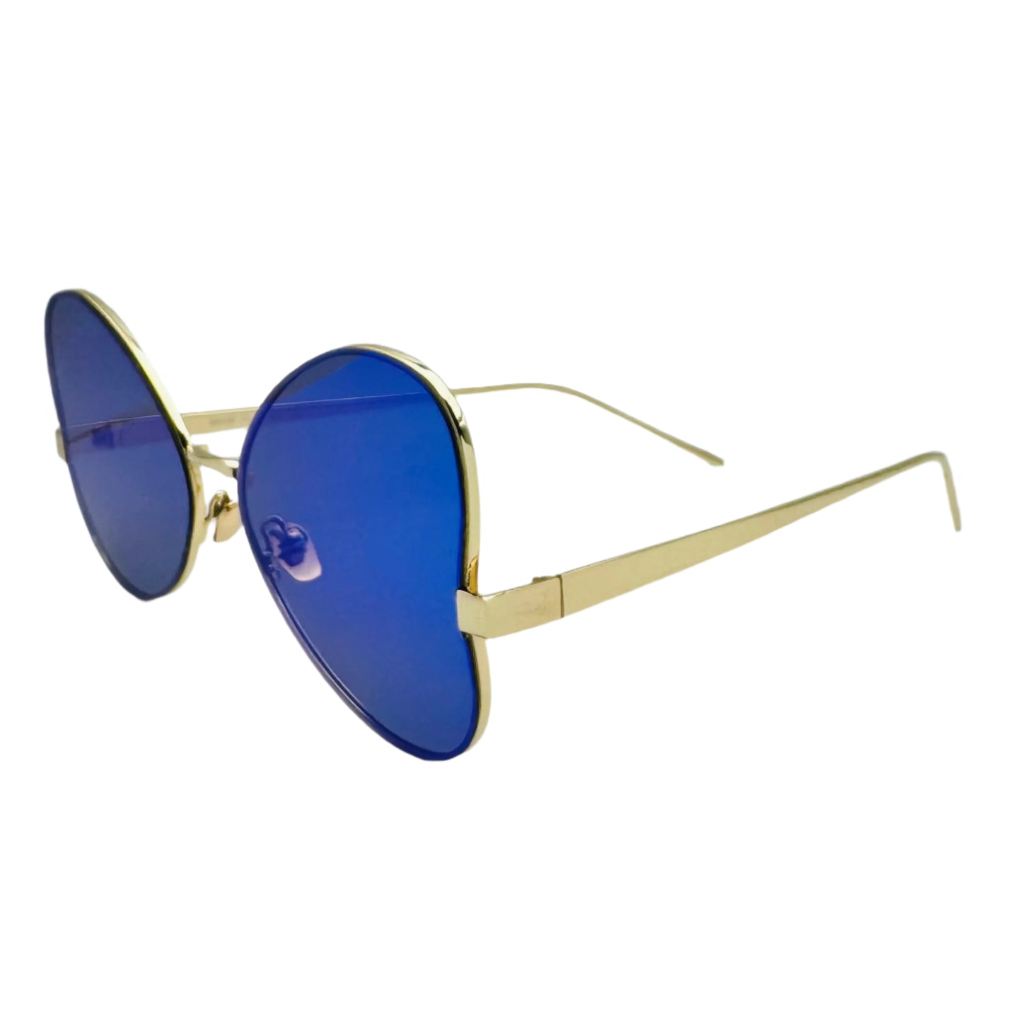 Gold-framed sunglasses with blue lenses on a white background