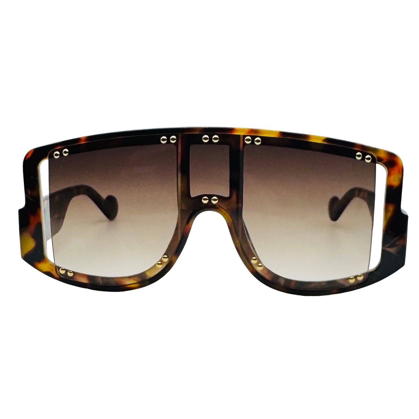 Sunglasses with tortoiseshell frame and gradient lenses on a light gray background