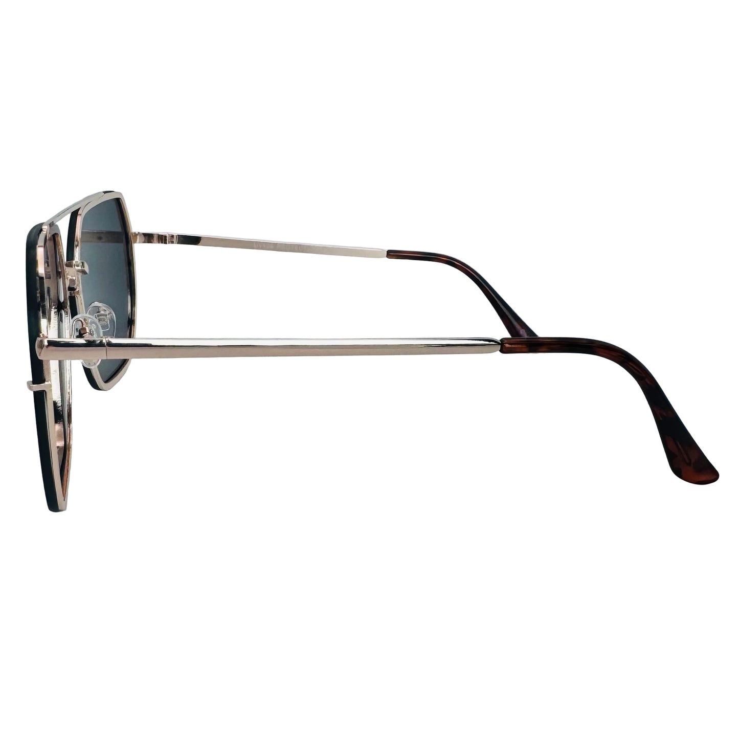 Sunglasses with a gold frame and dark lenses on a light gray background