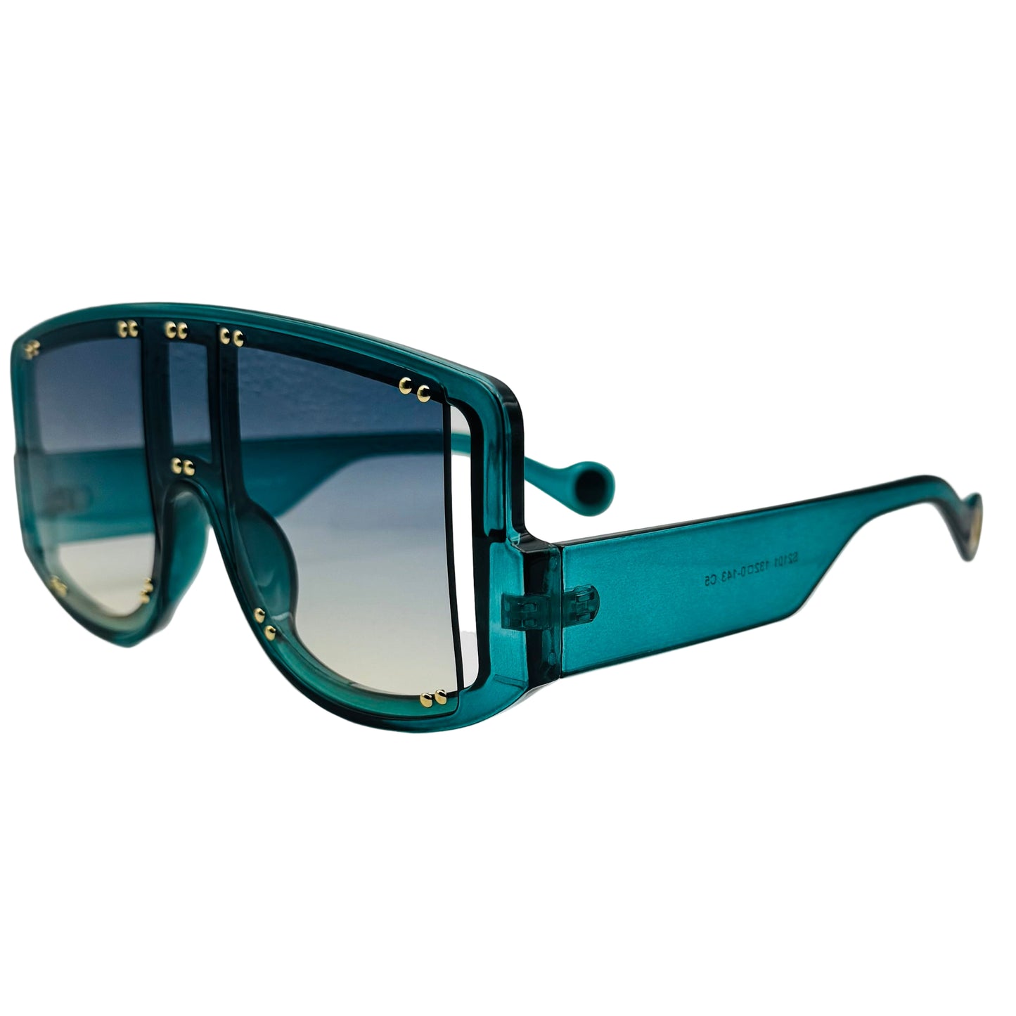 Teal sunglasses with gold accents on a light gray background