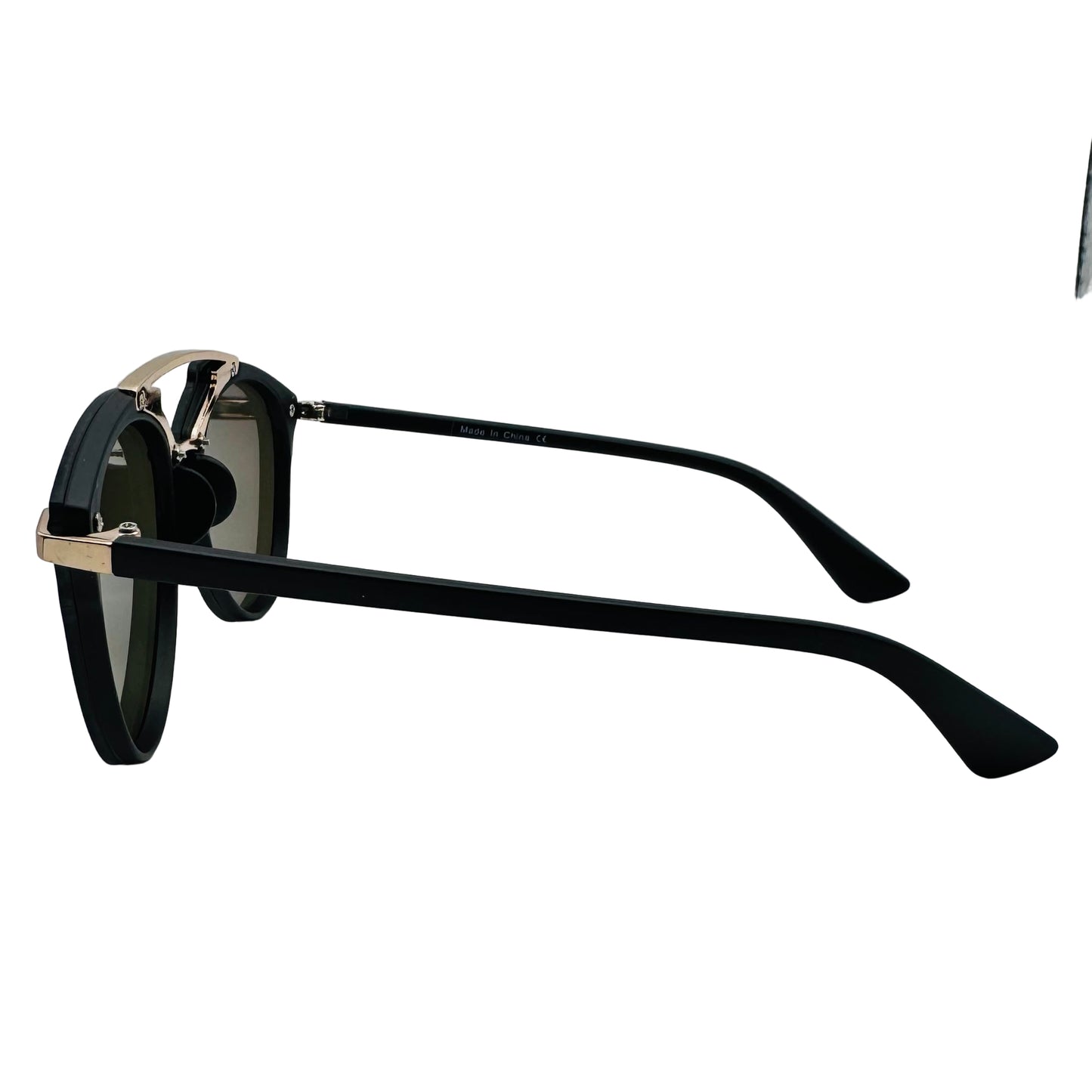 Black sunglasses with gold accents on a white background