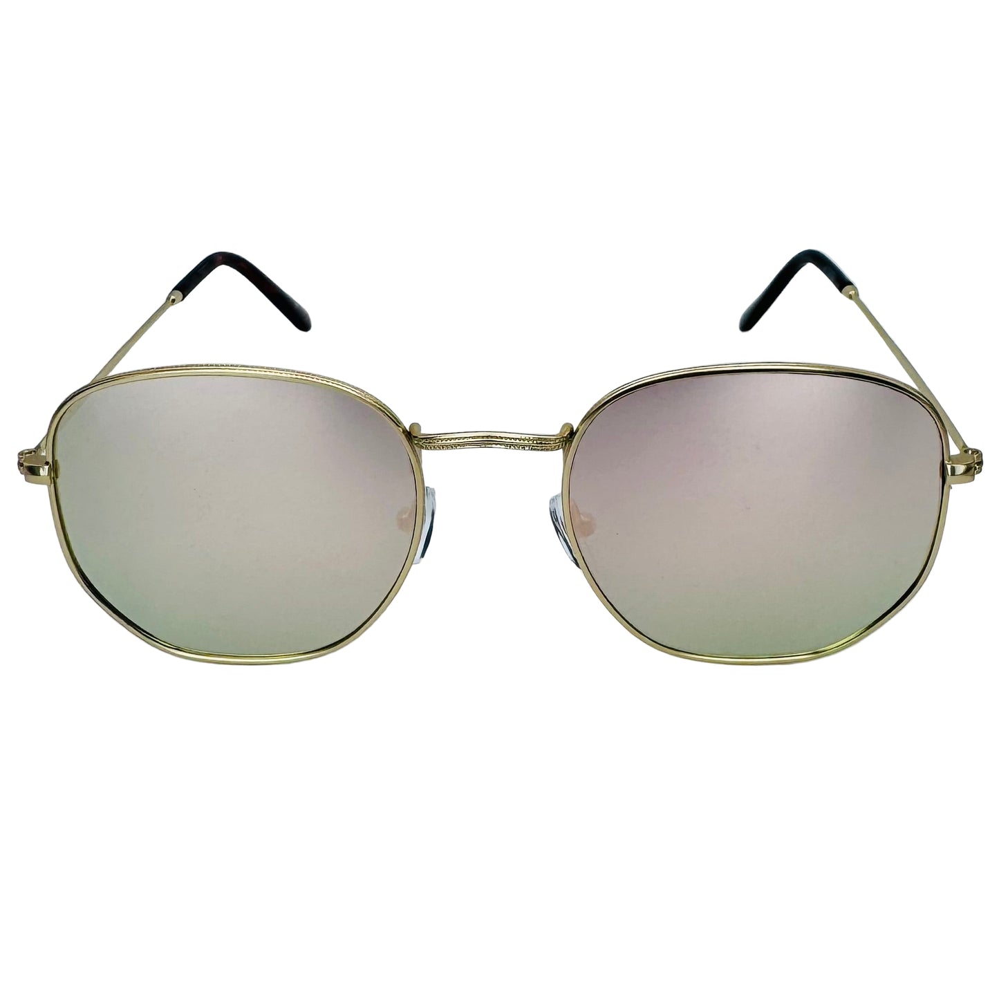 Gold-framed sunglasses with reflective lenses on a light gray background