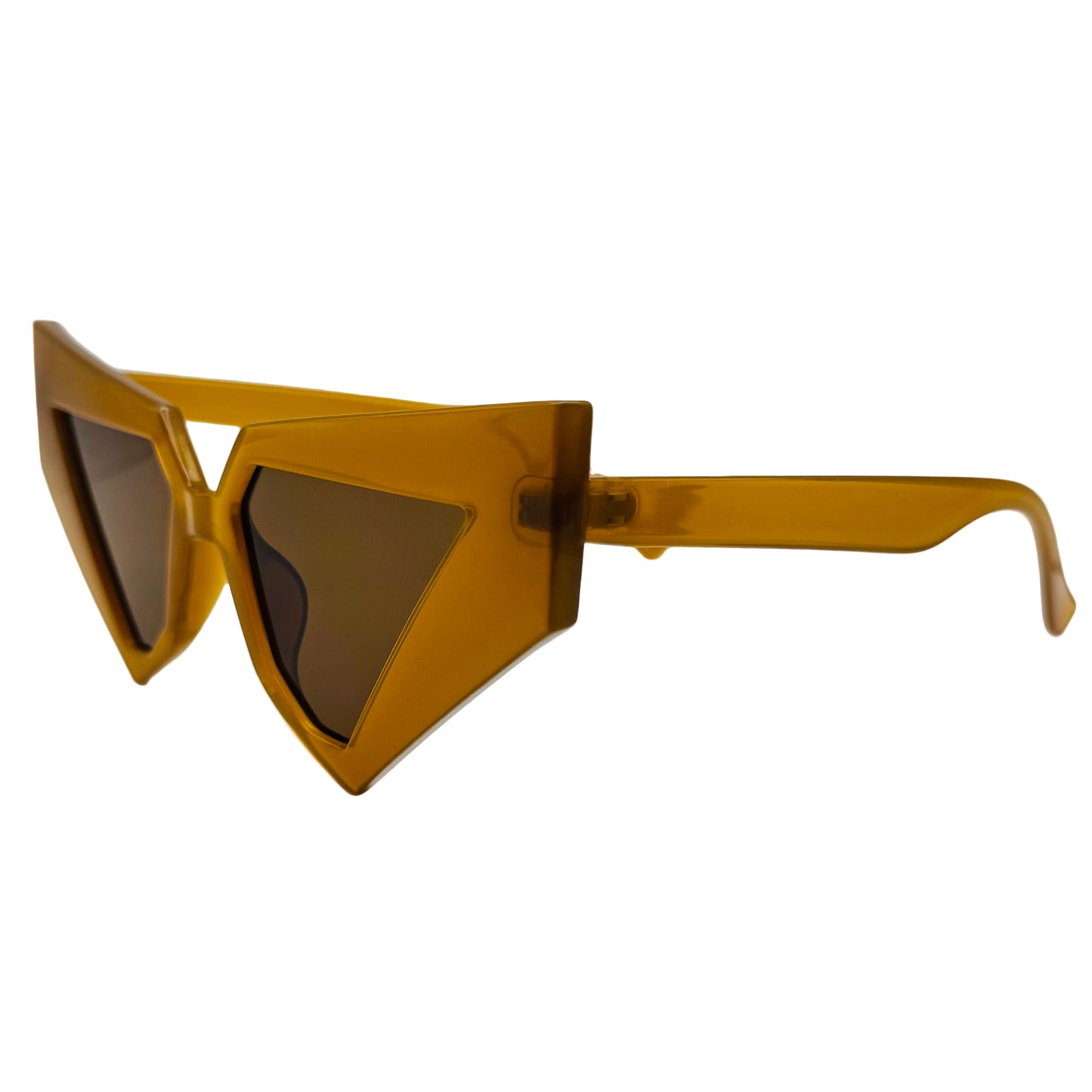 Brown sunglasses with a unique frame design on a white background