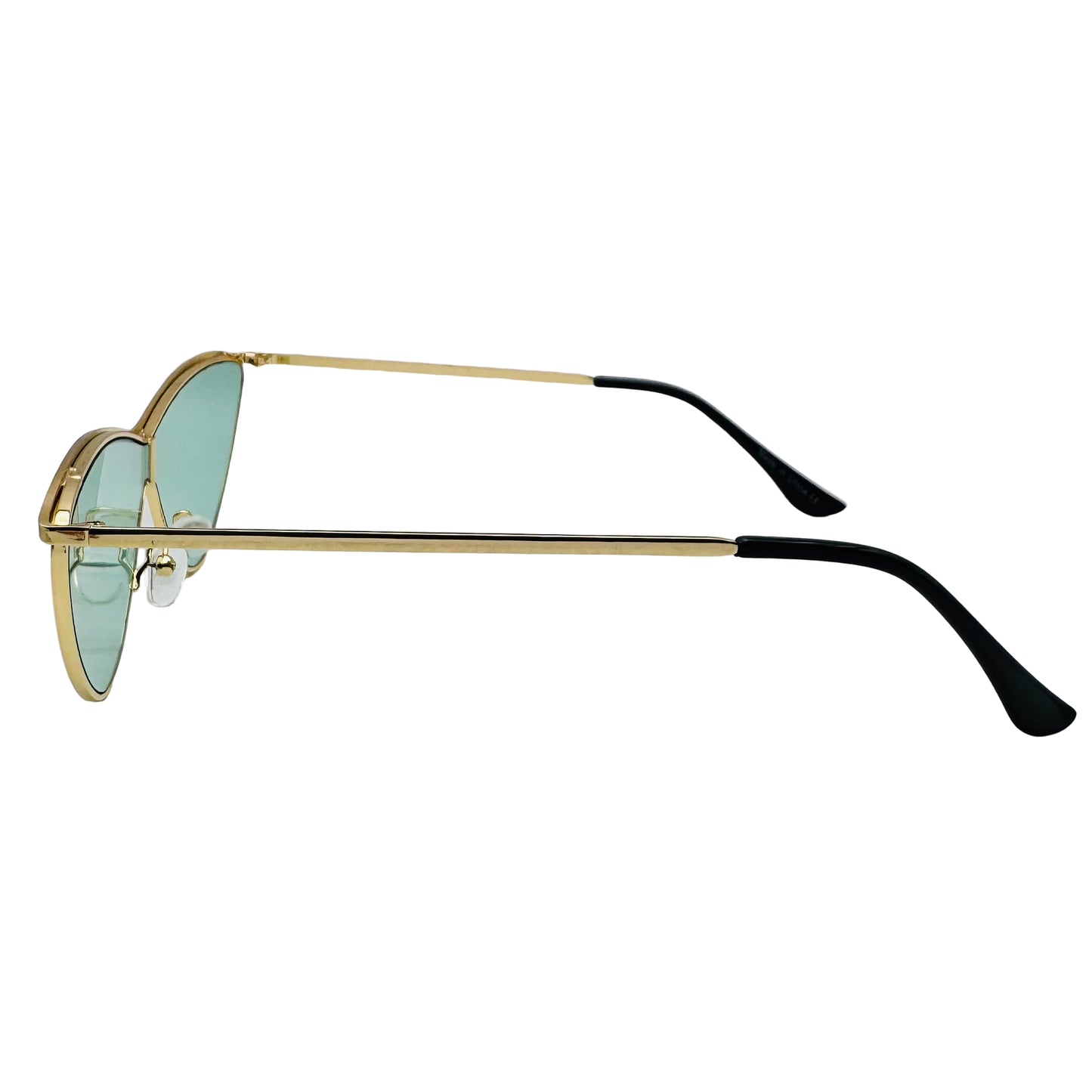 Sunglasses with gold frame and black arms on a white background