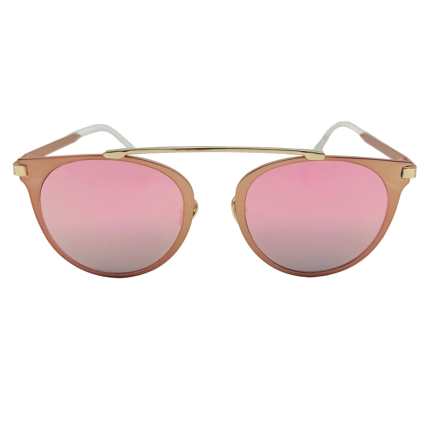 Sunglasses with pink lenses and gold frames on a light gray background
