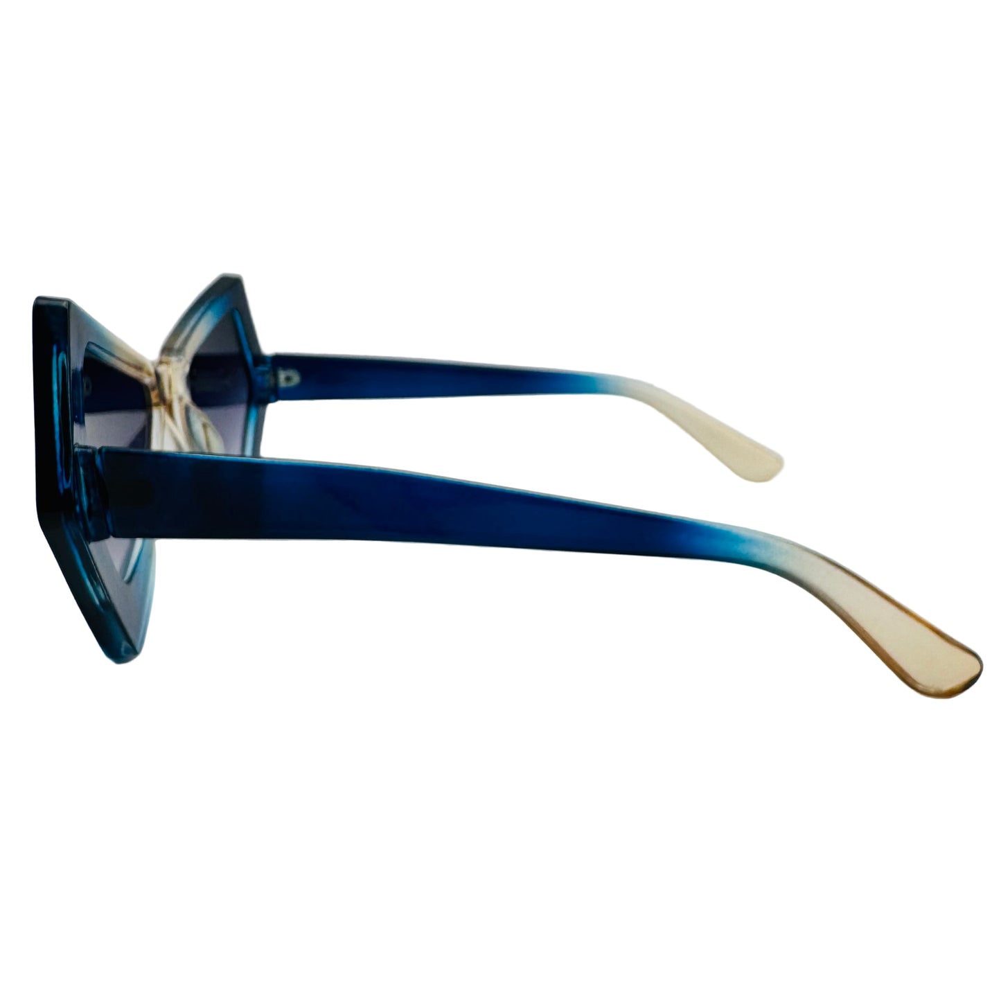 Sunglasses with blue and beige gradient frame on a white background